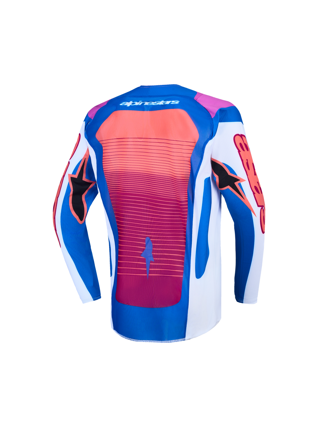 Alpinestars jeugd Supertech Maven jersey, motocross jersey, achteraanzicht in blauw en hot coral, lichtgewicht stretchmesh.