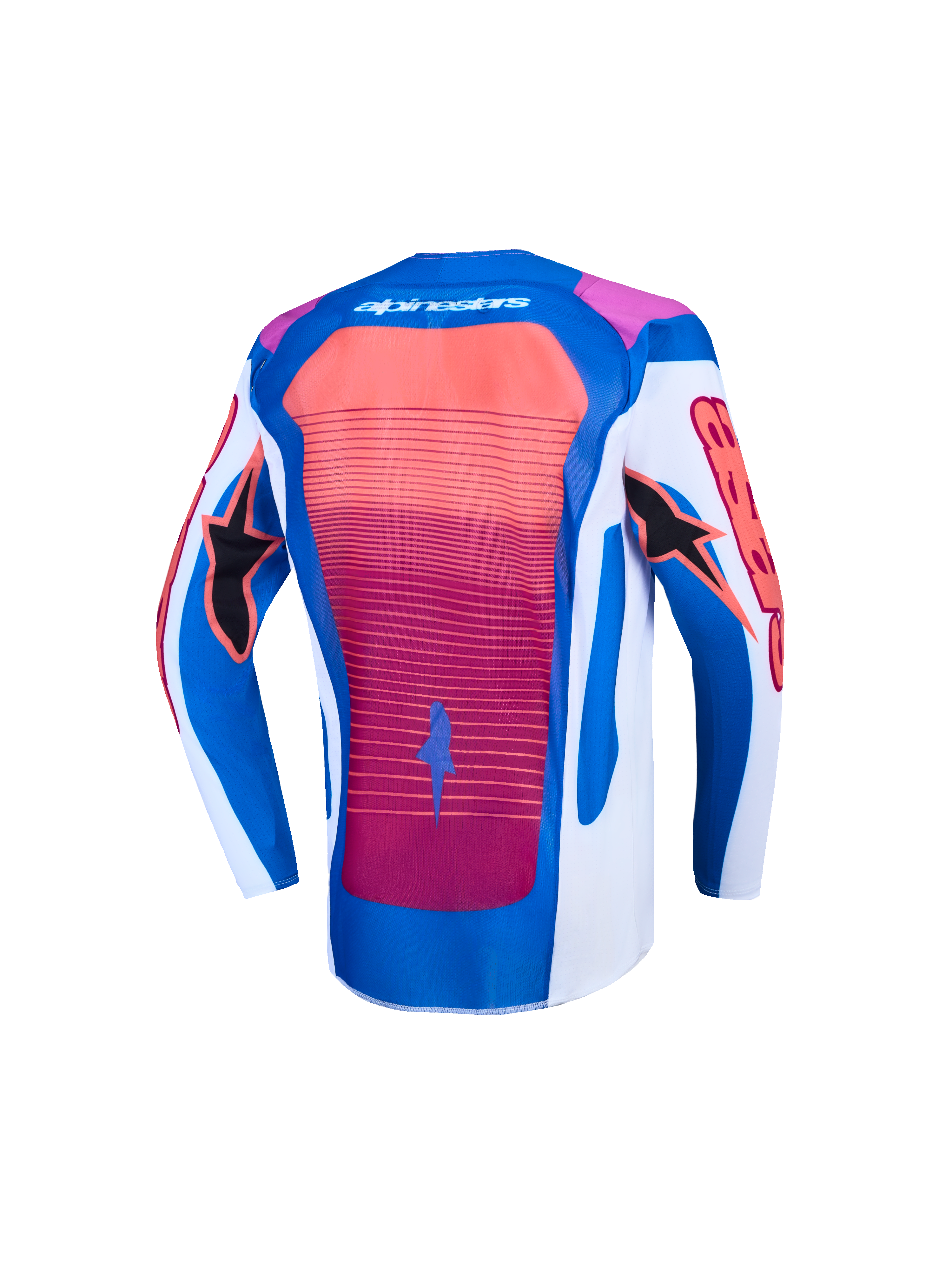 Alpinestars jeugd Supertech Maven jersey, motocross jersey, achteraanzicht in blauw en hot coral, lichtgewicht stretchmesh.