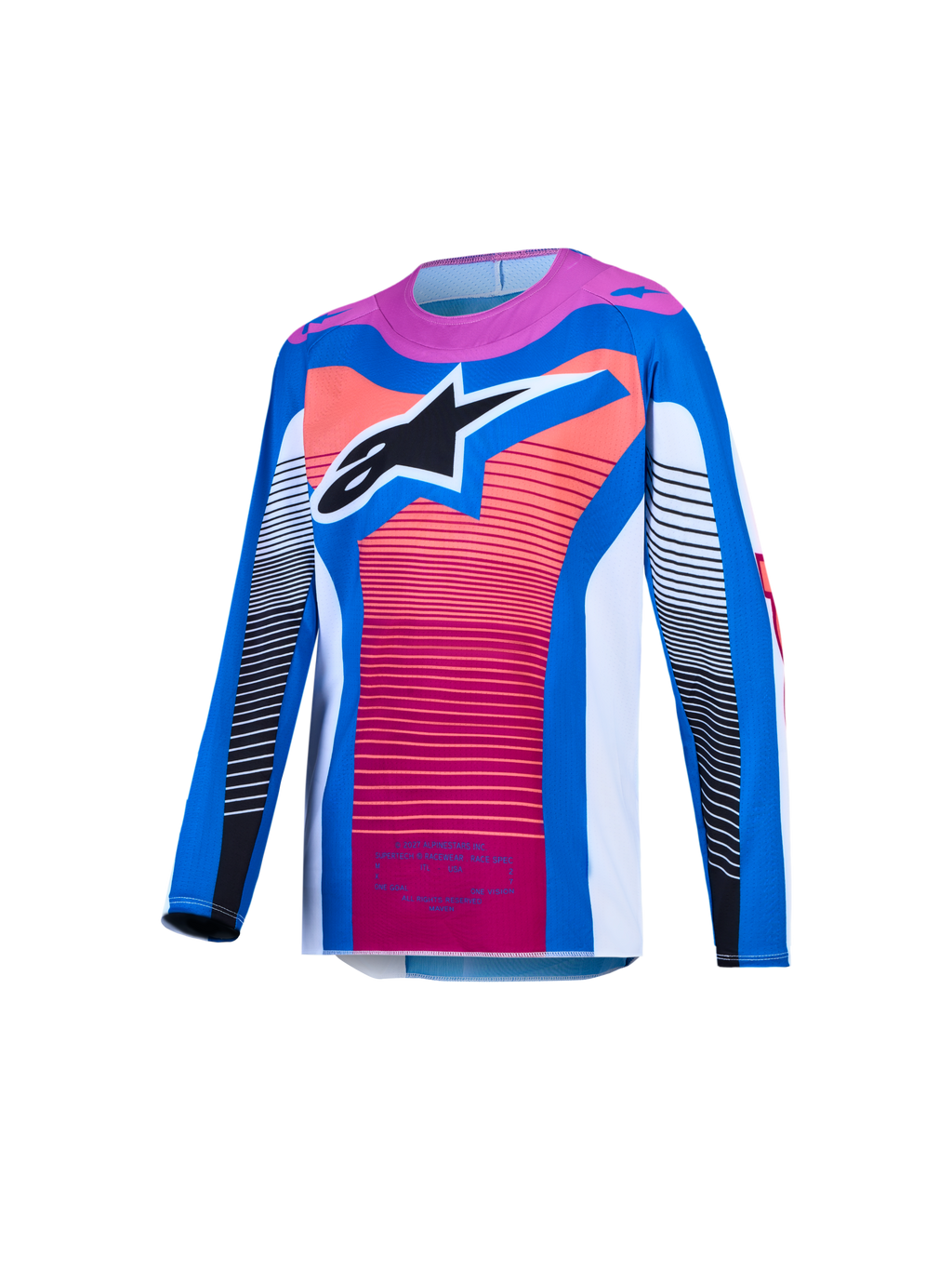 Alpinestars jeugd Supertech Maven jersey, motocrossracing, blauw en koraal, geventileerd mesh met zwart sterlogo.