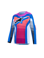 Alpinestars jeugd Supertech Maven jersey, motocrossracing, blauw en koraal, geventileerd mesh met zwart sterlogo.
