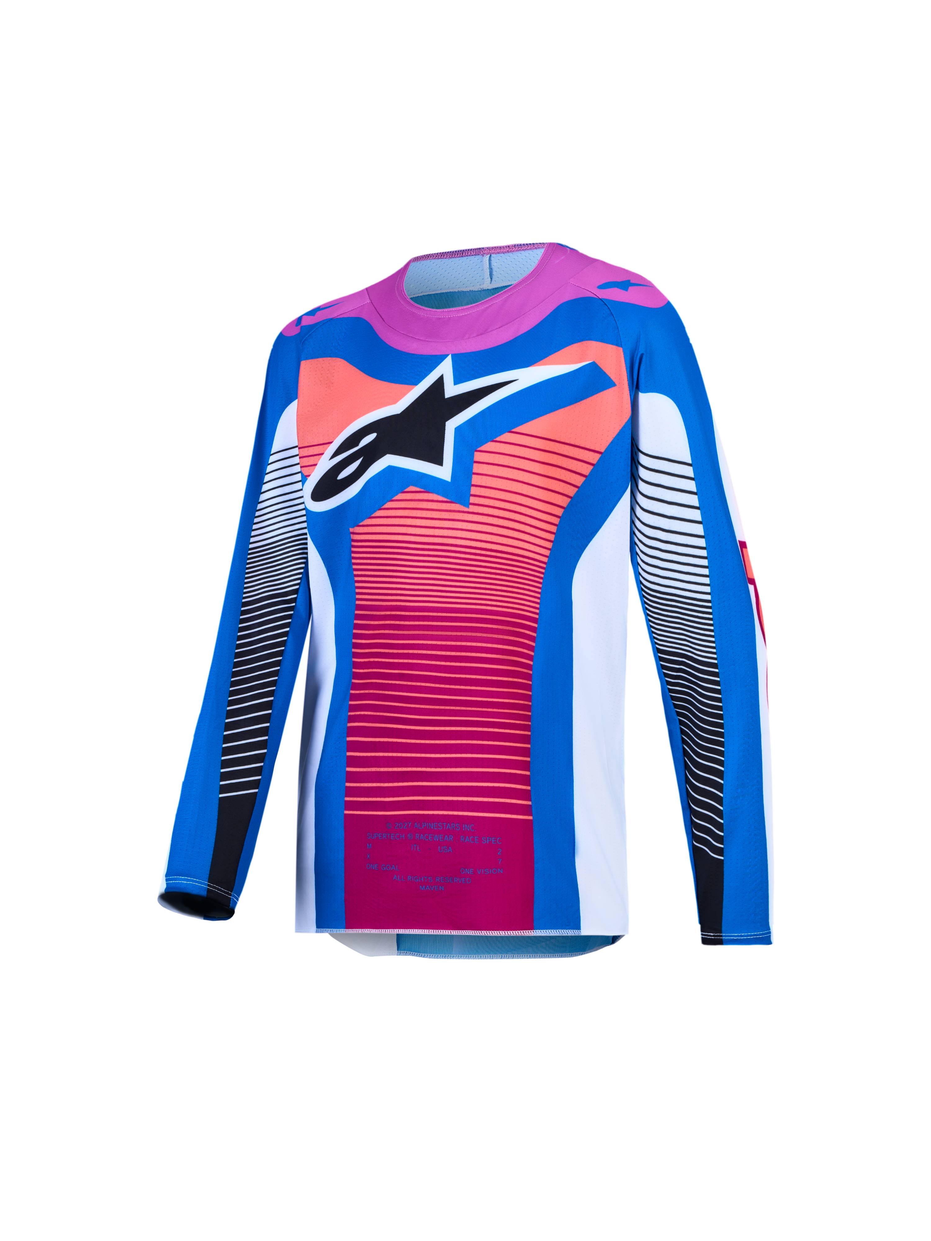 Alpinestars jeugd Supertech Maven jersey, motocrossracing, blauw en koraal, geventileerd mesh met zwart sterlogo.