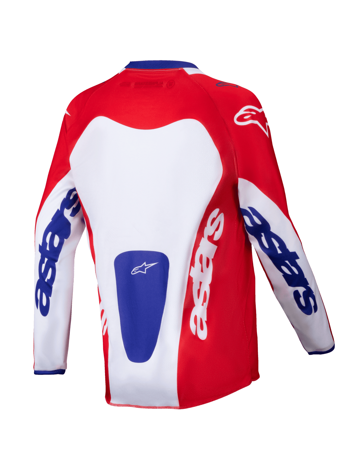 Maillot Alpinestars Youth Racer Veil 2025, maillot de motocross, rouge vif et blanc avec des accents bleus, vue arrière montrant le marquage audacieux « astars » sur les manches et le dos, conçu pour la performance tout-terrain des jeunes