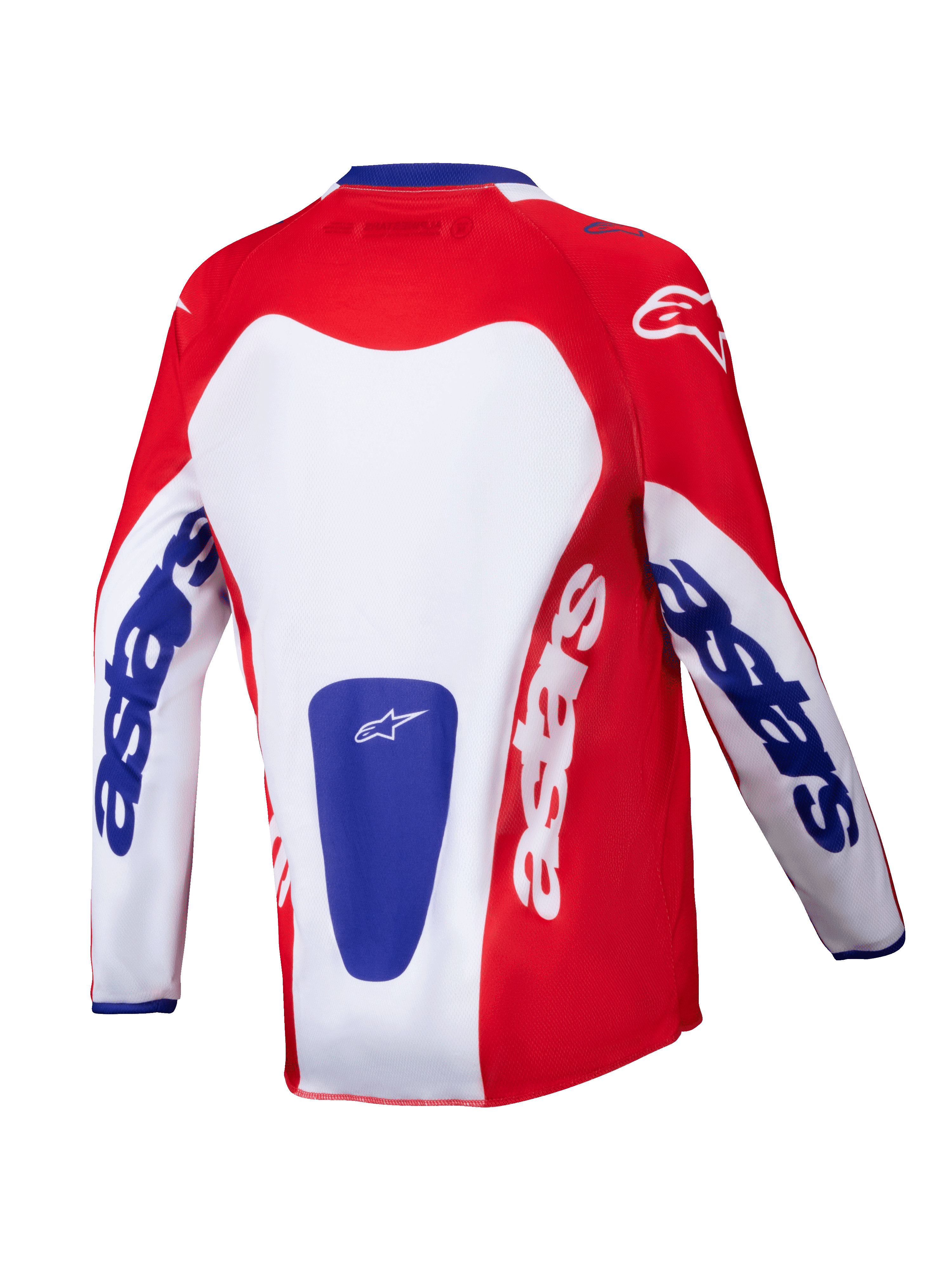Maillot Alpinestars Youth Racer Veil 2025, maillot de motocross, rouge vif et blanc avec des accents bleus, vue arrière montrant le marquage audacieux « astars » sur les manches et le dos, conçu pour la performance tout-terrain des jeunes