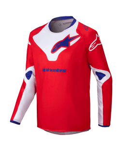 Alpinestars 2025 Youth Racer Veil Trikot, Motocross-Trikot, Rot mit weißen und blauen Akzenten, langärmliges feuchtigkeitsableitendes Material, große Alpinestars-Logos auf Brust und Schultern, blauer Innenkragen, Hochleistungs-Offroad-Bekleidung