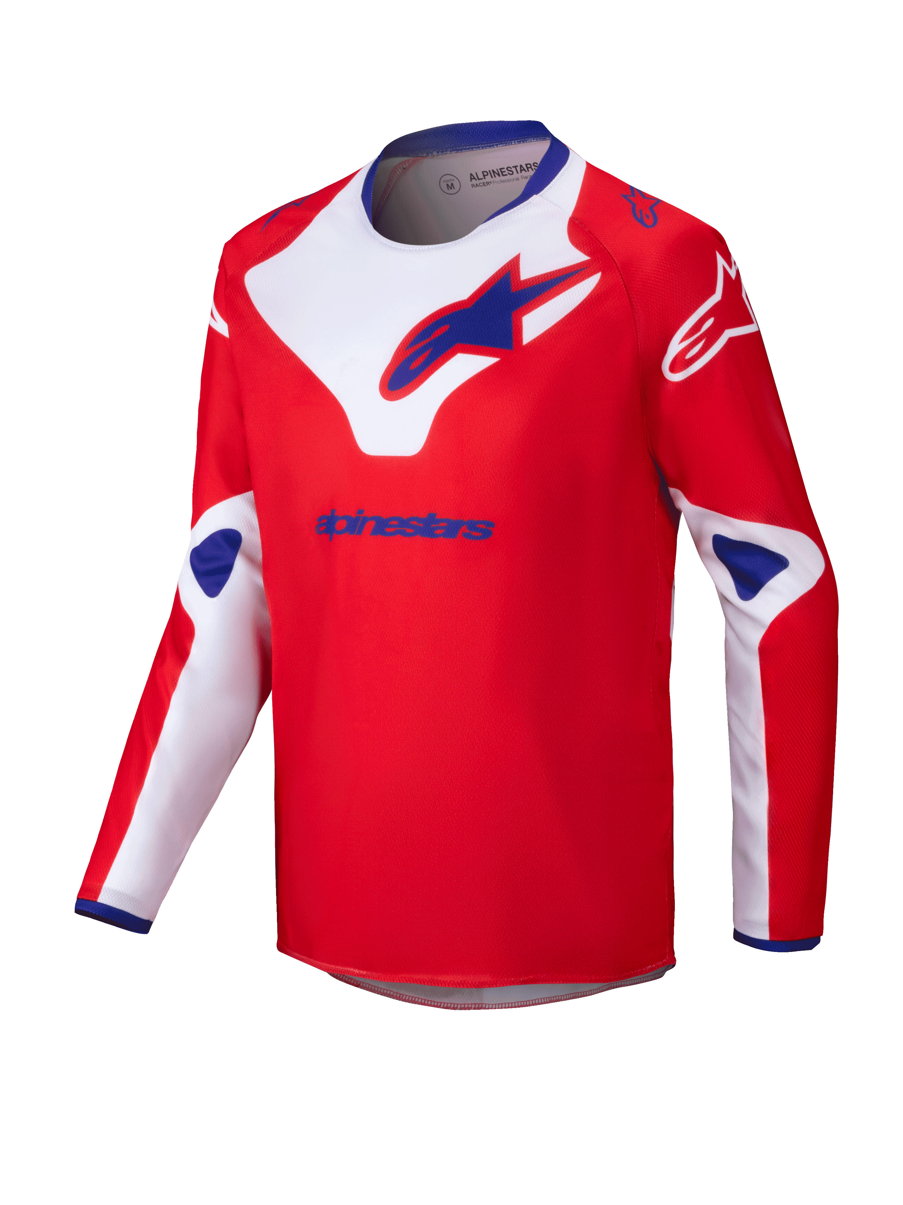 Alpinestars 2025 Youth Racer Veil Jersey, maillot de motocross pour enfant, rouge avec accents blancs et bleus, tissu à manches longues évacuant l'humidité, grands logos Alpinestars sur la poitrine et les épaules, col intérieur bleu, tenue de performance tout-terrain