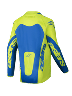 Alpinestars 2025 Youth Racer Veil Trikot, Motocross-Trikot, Gelb Fluo und Blau, Rückansicht mit markanten blauen Einsätzen und astars-Branding auf den Ärmeln, länger geschnittene Rückenpartie für bessere Abdeckung, leichtes, feuchtigkeitsableitendes Material für den Offroad-Rennsport