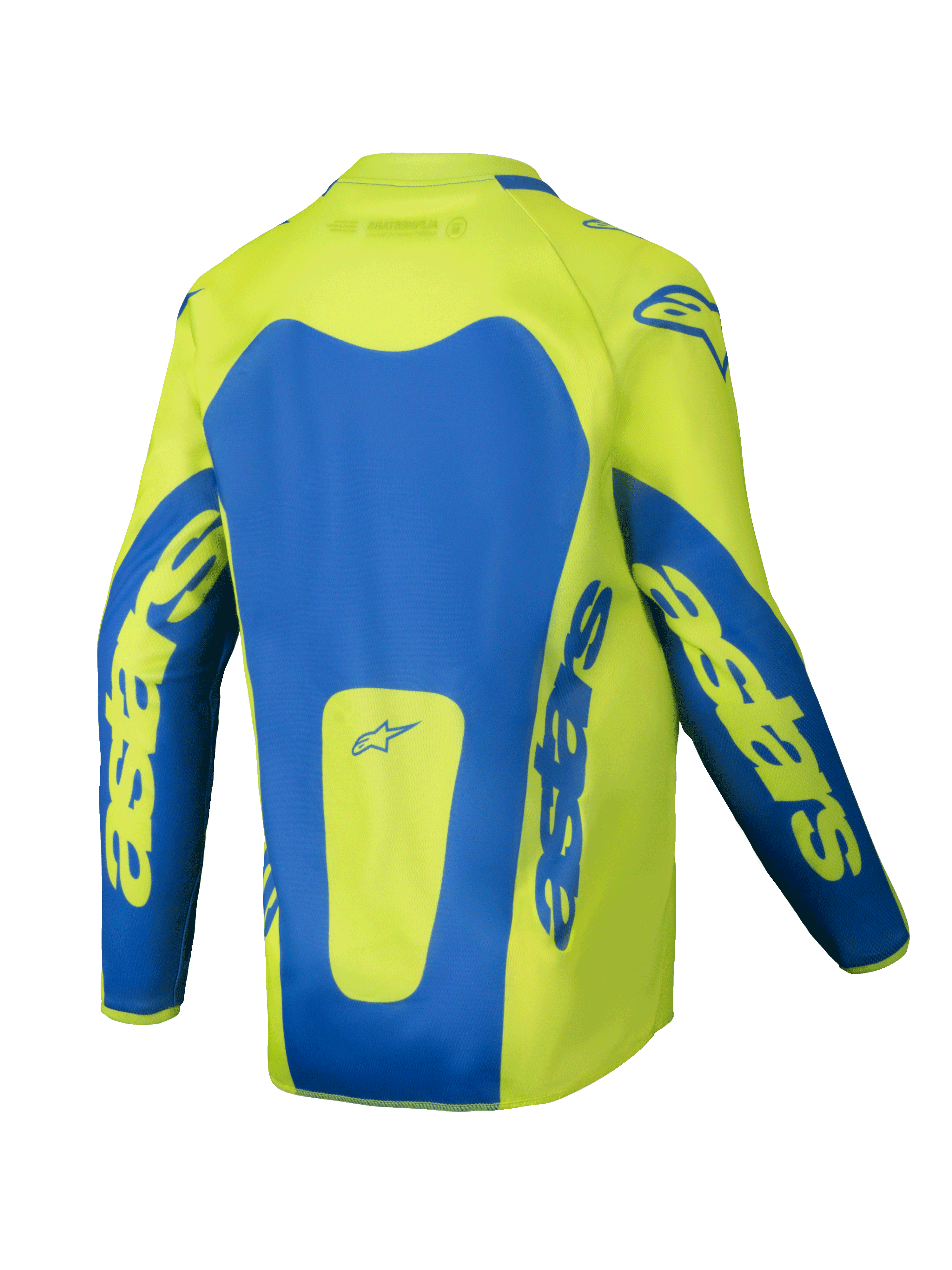 Alpinestars 2025 Youth Racer Veil Trikot, Motocross-Trikot, Gelb Fluo und Blau, Rückansicht mit markanten blauen Einsätzen und astars-Branding auf den Ärmeln, länger geschnittene Rückenpartie für bessere Abdeckung, leichtes, feuchtigkeitsableitendes Material für den Offroad-Rennsport