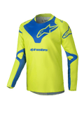 Alpinestars 2025 Youth Racer Veil Trikot, Motocross-Jersey, Neongelb und Blau, langärmeliges technisches Oberteil, blaues Alpinestars-Logo auf Brust und Schultern, leichtes feuchtigkeitsableitendes Material für den Offroad-Rennsport