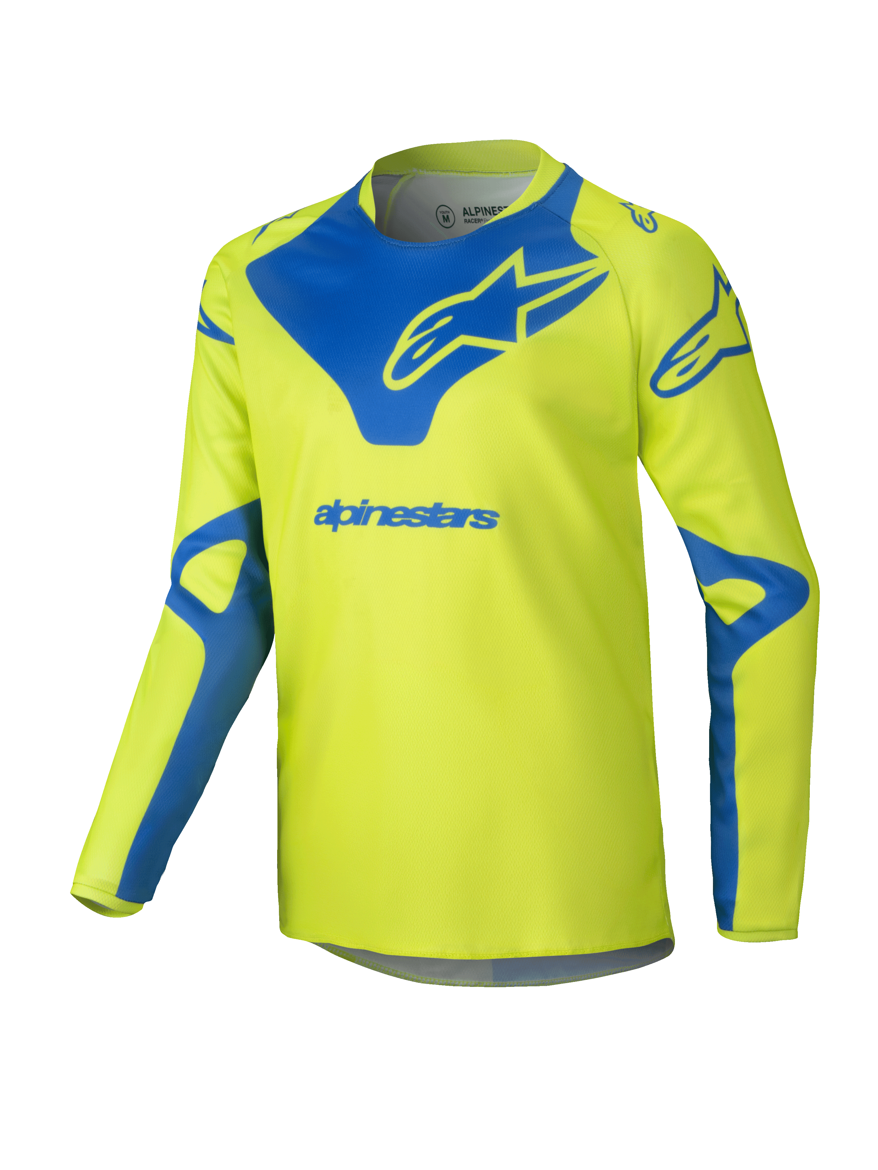 Alpinestars 2025 Youth Racer Veil Trikot, Motocross-Jersey, Neongelb und Blau, langärmeliges technisches Oberteil, blaues Alpinestars-Logo auf Brust und Schultern, leichtes feuchtigkeitsableitendes Material für den Offroad-Rennsport