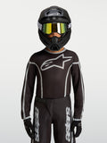 Alpinestars Fluid Apex V2 Jugend-Trikot, Motocross-Ausrüstung in Schwarz und Silber, ergonomische Passform aus Polygewebe.