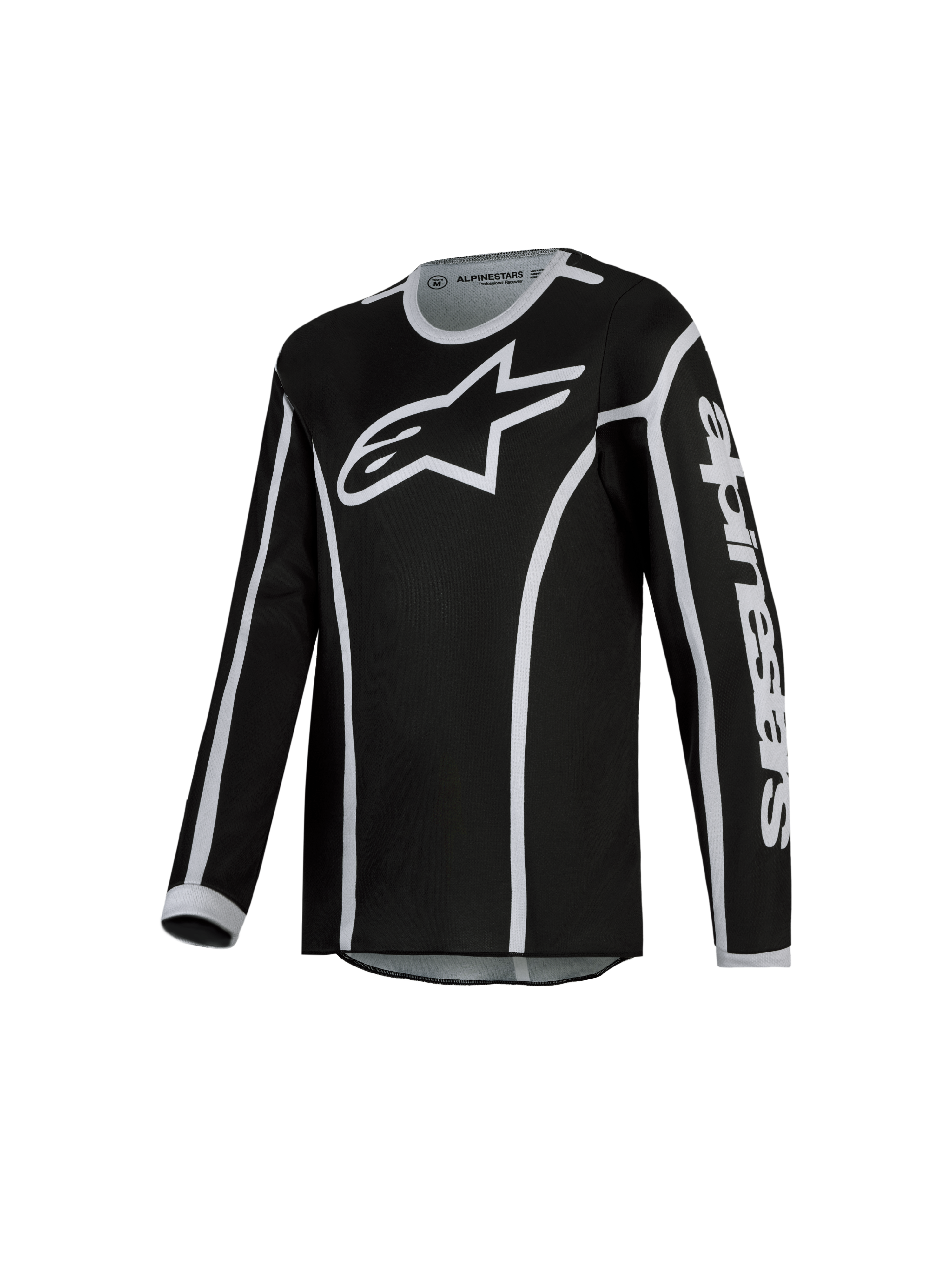 2027 Alpinestars Youth Fluid Apex V2 Jersey, black and silver motocross jersey with moisture-wicking polyfabric.