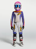 Alpinestars maillot et ensemble Fluid Drag Junior 2027, tenue de motocross pour enfant, violet et blanc avec accents dorés.