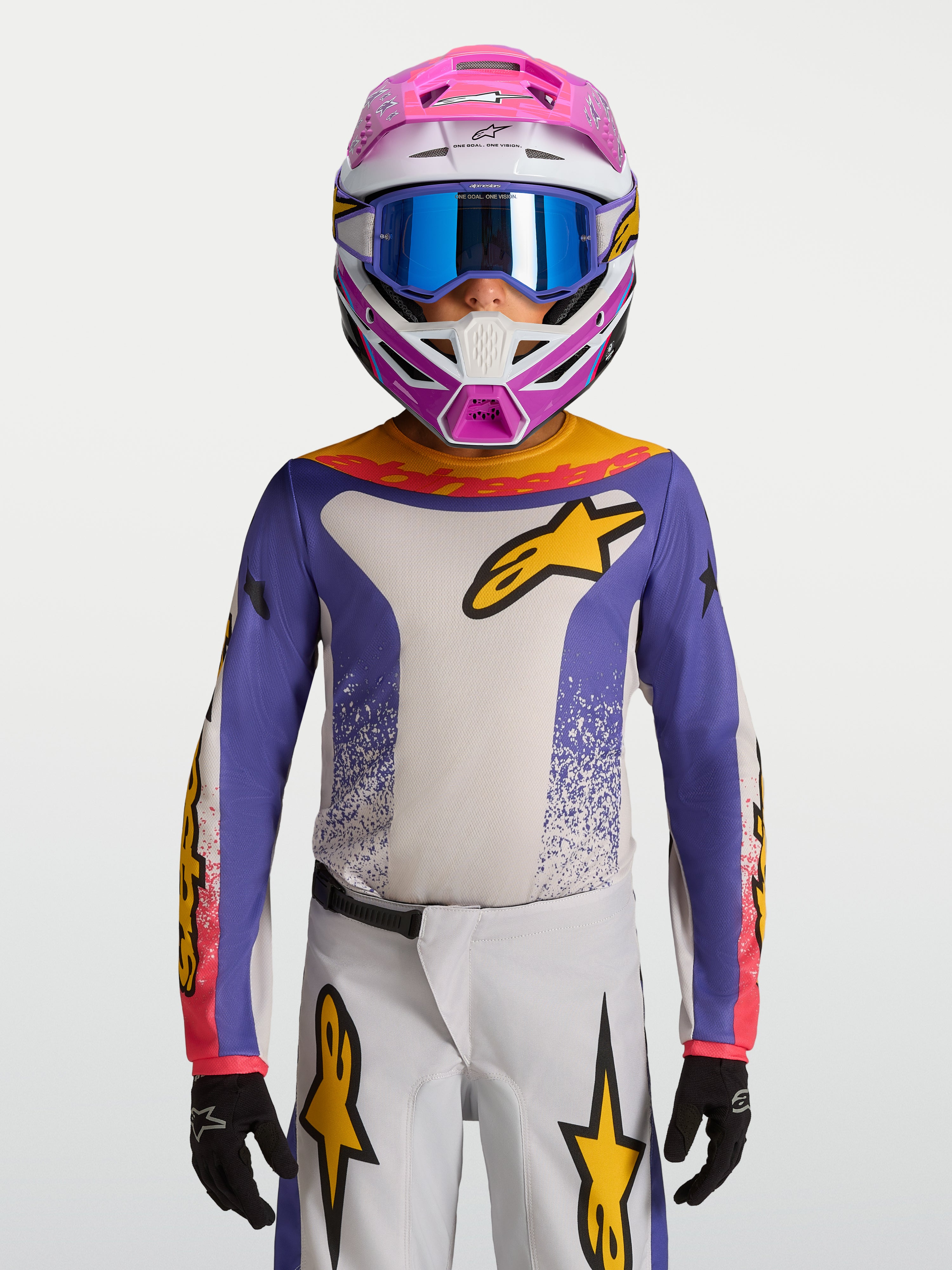 Alpinestars Maillot Fluid Drag Junior 2027, maillot de motocross bleu et blanc avec accents dorés, respirant.