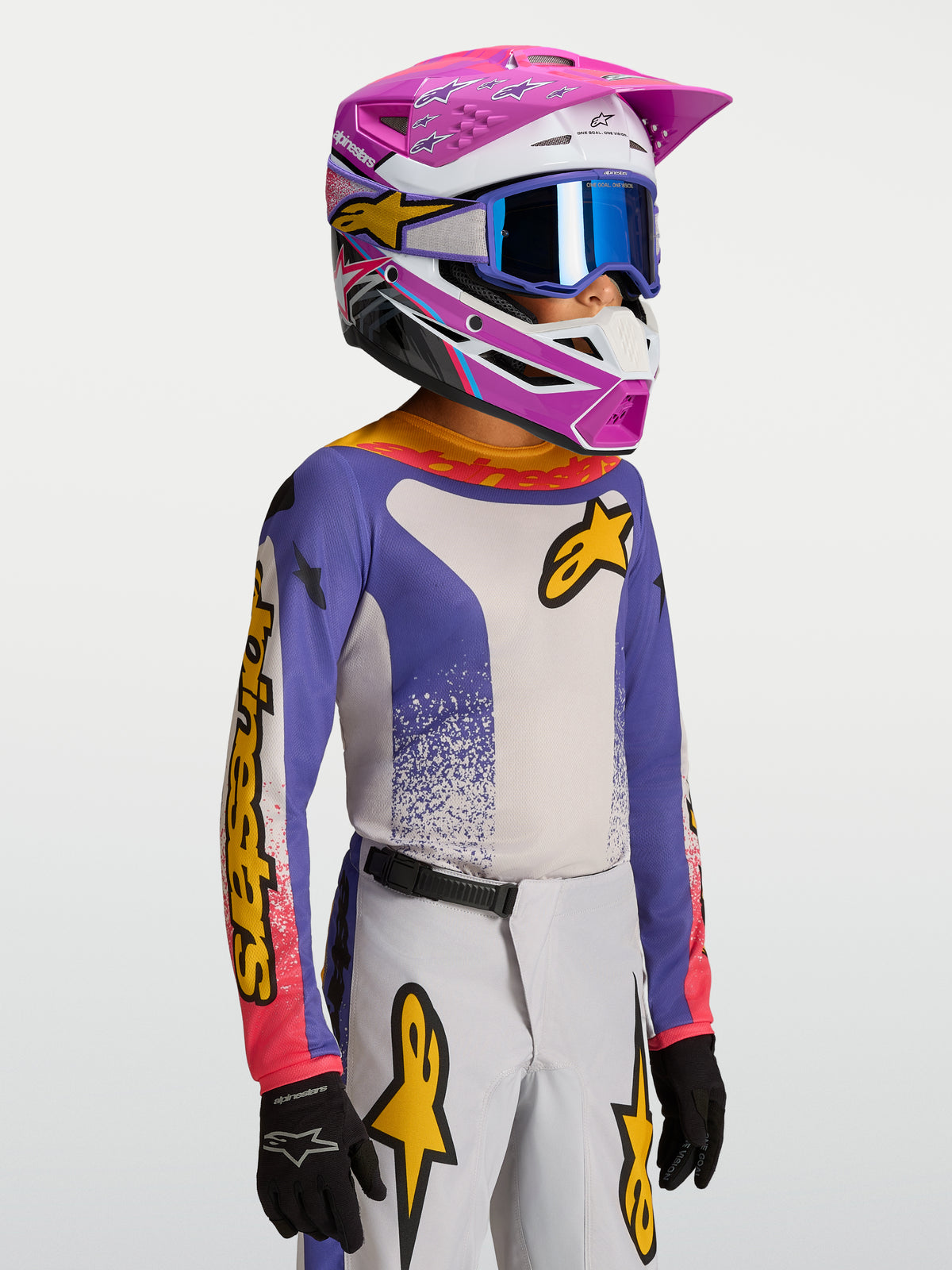 Alpinestars Fluid Jugend-Trikot Drag, blau-weißes Motocross-Renntrikot für Kinder mit gelben Akzenten.