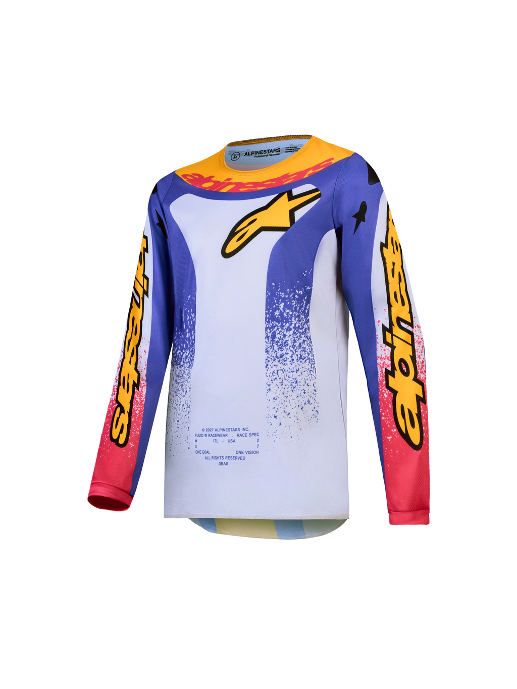 Alpinestars Jeugd Fluid Drag Jersey 2027, ademende blauwe en witte motorcross-jersey voor kinderen met gele en rode graphics, lichtgewicht polyfabric voor off-road ritten.