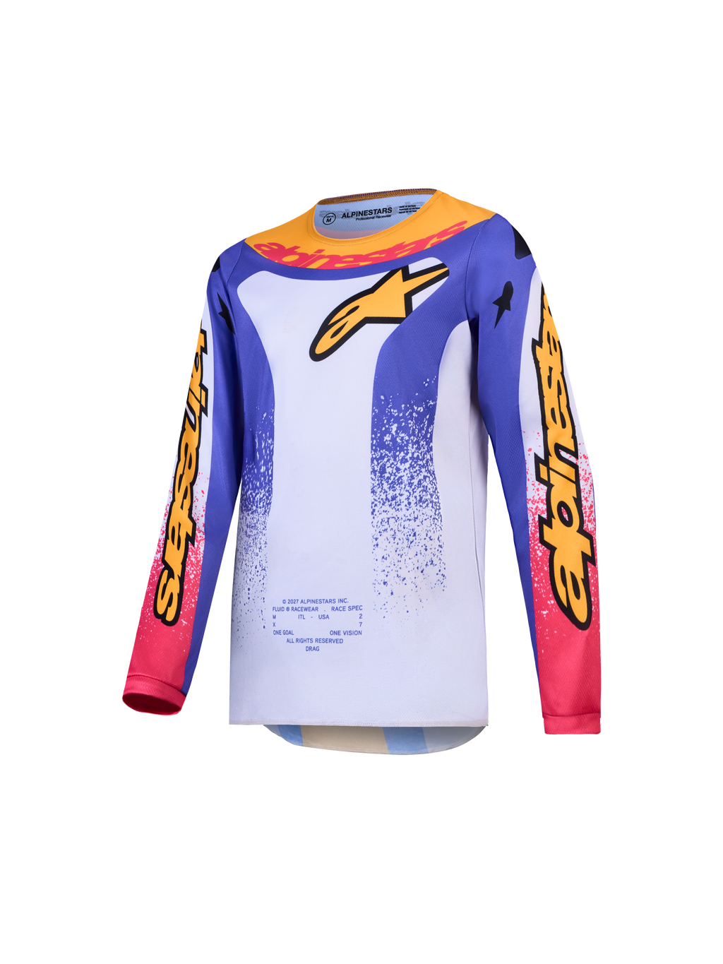 Alpinestars Jeugd Fluid Drag Jersey, motocross jersey voor jeugd, blauw en goud met wit, vochtafvoerend polyfabric.