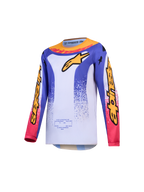 Alpinestars Jeugd Fluid Drag Jersey, motocross jersey voor jeugd, blauw en goud met wit, vochtafvoerend polyfabric.
