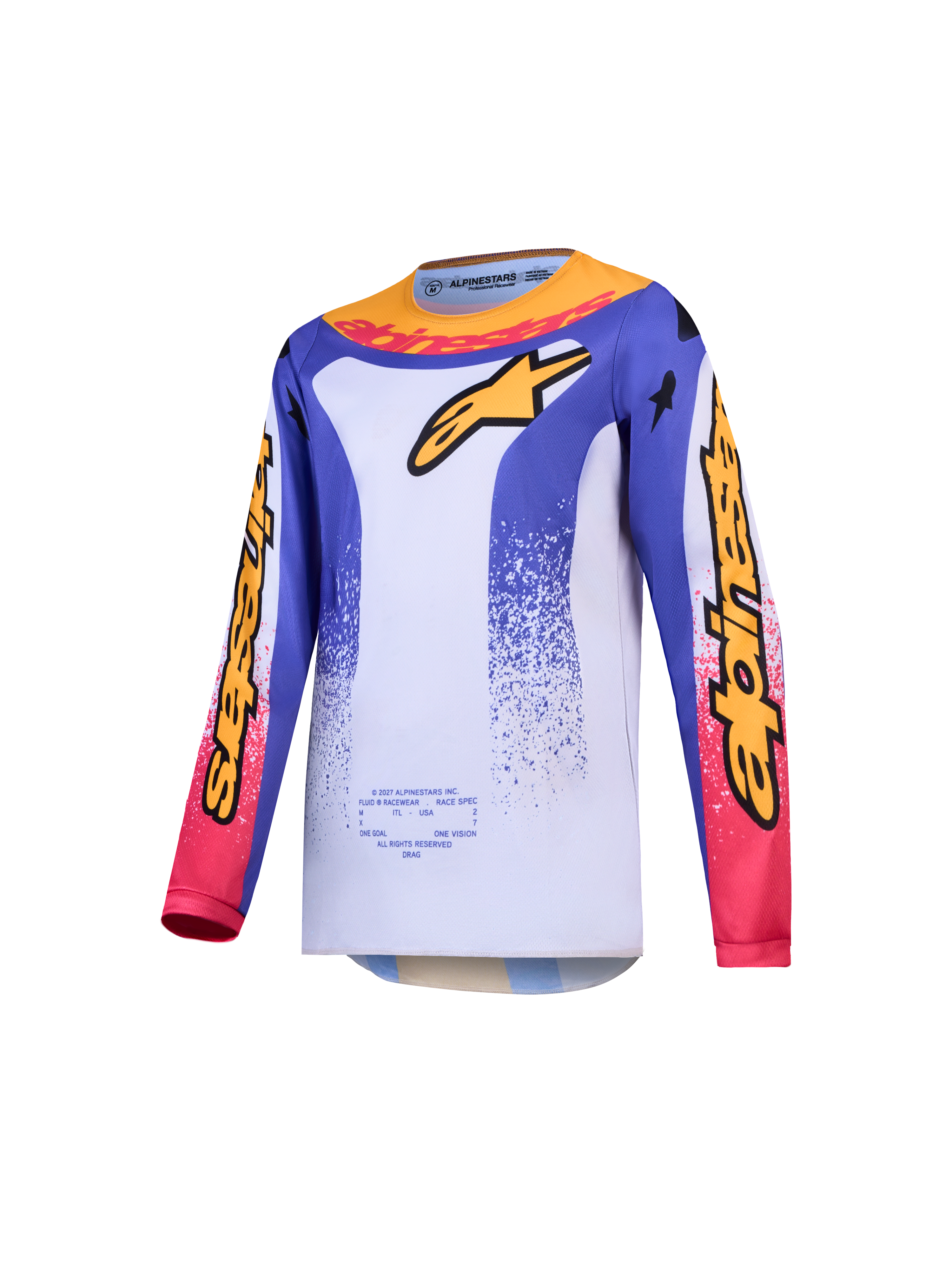 Alpinestars Jeugd Fluid Drag Jersey, motocross jersey voor jeugd, blauw en goud met wit, vochtafvoerend polyfabric.