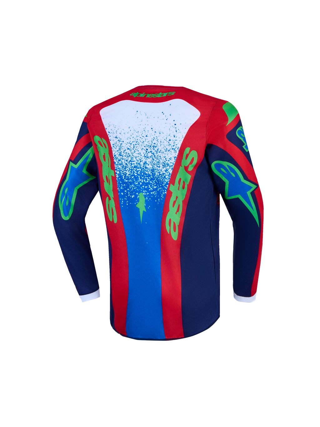 Alpinestars Jeugd Fluid Drag jersey, blauwe en rode motocrossjersey met groene graphics en vochtafvoerende stof.