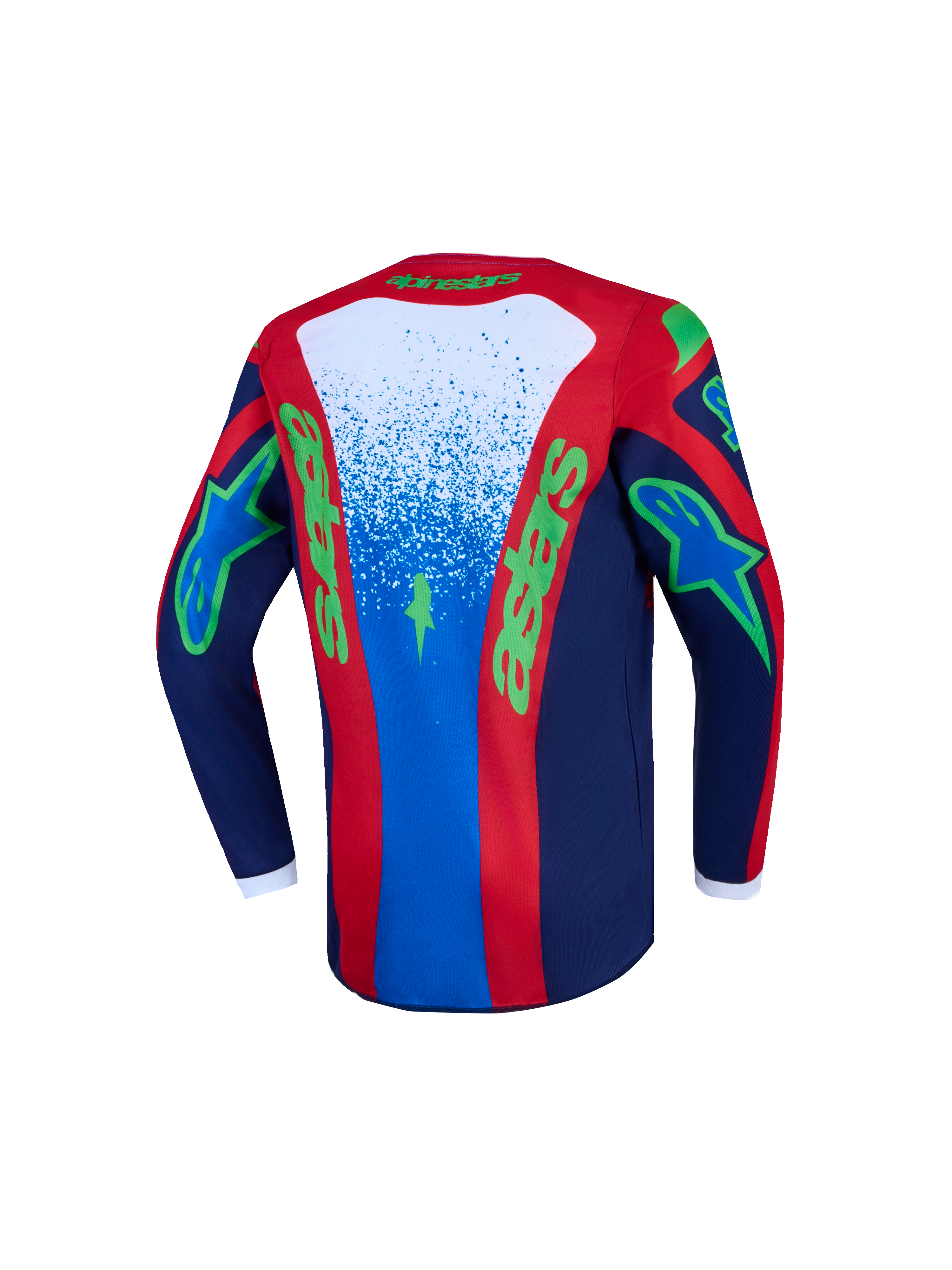 Alpinestars Jeugd Fluid Drag jersey, blauwe en rode motocrossjersey met groene graphics en vochtafvoerende stof.