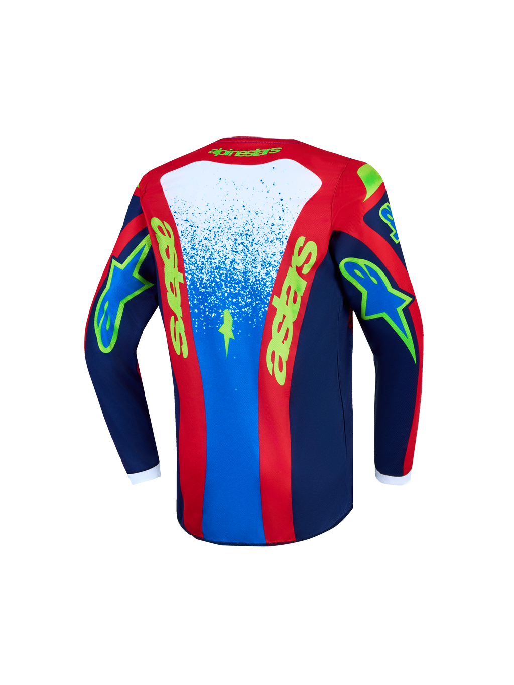 Alpinestars Fluid Jugend-Trikot Drag 2027, Motocross-Trikot in Blau und Rot, Rückansicht, feuchtigkeitsableitendes Polygewebe.