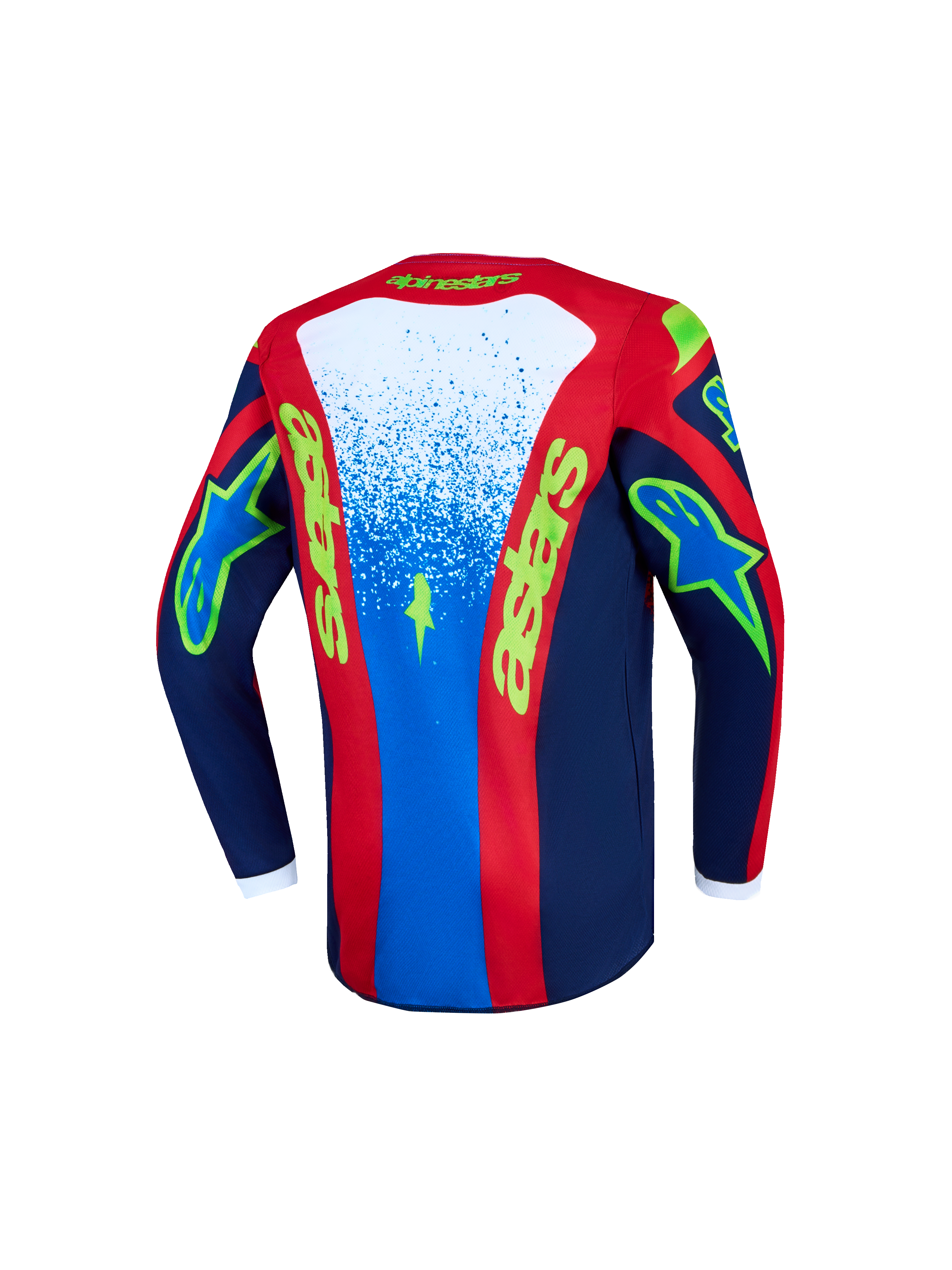 Alpinestars Fluid Jugend-Trikot Drag 2027, Motocross-Trikot in Blau und Rot, Rückansicht, feuchtigkeitsableitendes Polygewebe.