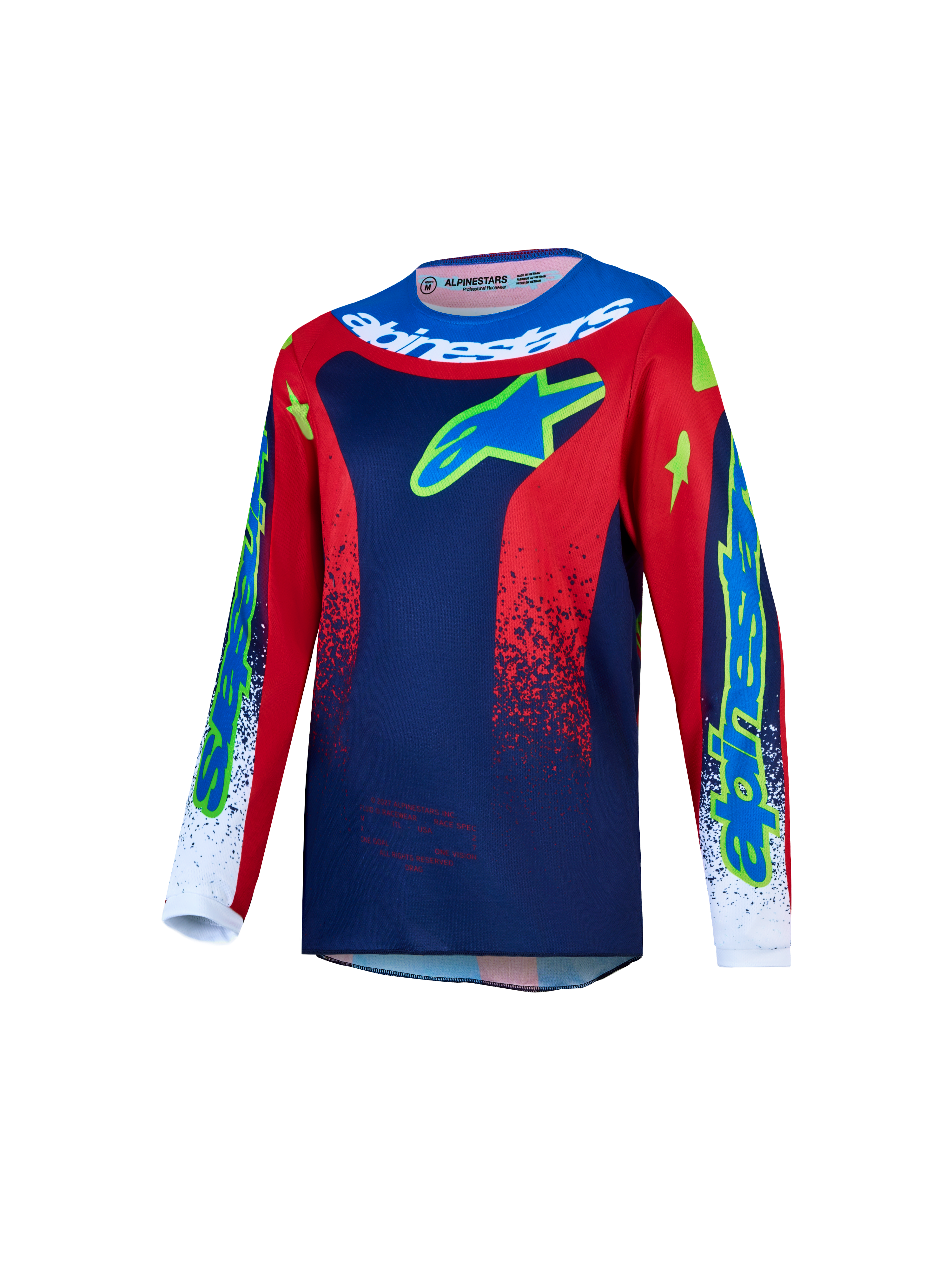 Alpinestars Fluid Jugend-Trikot Drag 2027, Motocross-Trikot für Kinder, Blau und Rot, feuchtigkeitsableitendes Polygewebe.