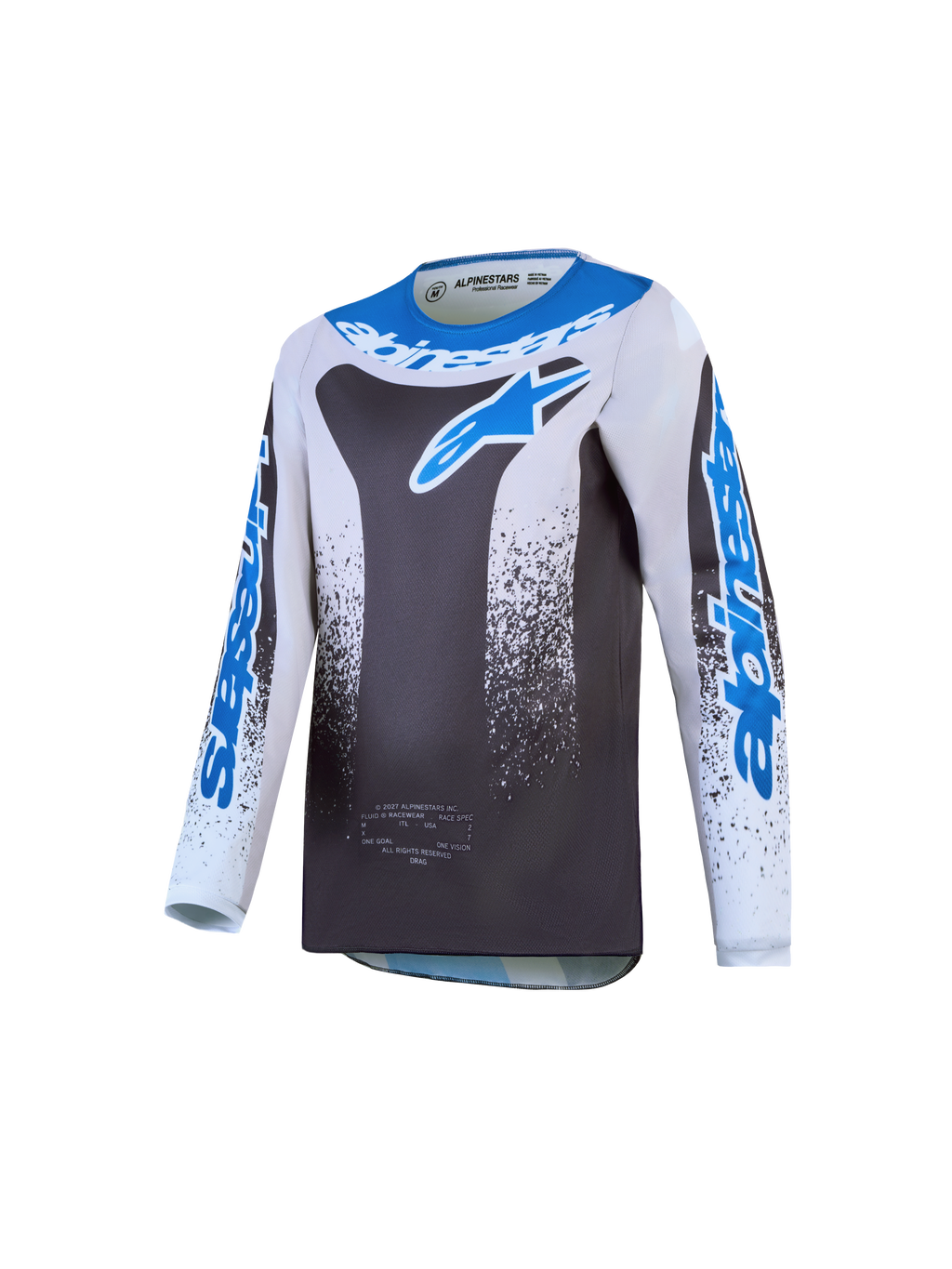 Alpinestars Fluid Jugend-Trikot Drag 2027, Motocross-Trikot für Kinder, Grau und Blau, leichtes atmungsaktives Polygewebe, ergonomische MX-Passform.