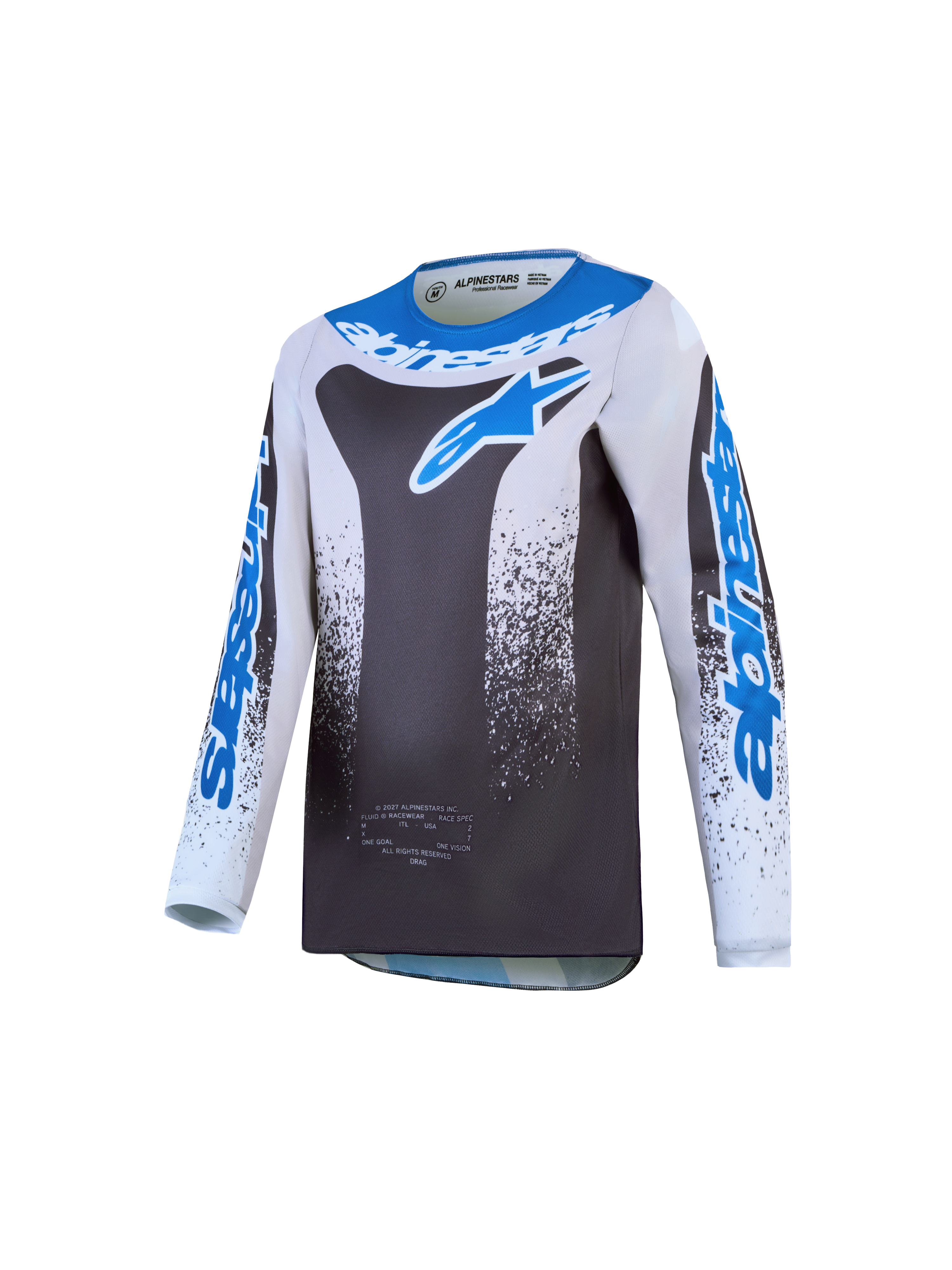 Alpinestars Fluid Jugend-Trikot Drag 2027, Motocross-Trikot für Kinder, Grau und Blau, leichtes atmungsaktives Polygewebe, ergonomische MX-Passform.