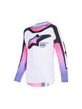 Alpinestars 2026 Youth Supertech Vista Jersey, Motocross Jersey, White Purple and Black, vibrant gradient sleeves in pink and purple, large black chest logo, lightweight athletic fit for youth motocross racing