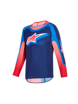 Maillot Alpinestars Youth Supertech Vista 2026, maillot de motocross, bleu marine foncé, corail éclatant et cobalt, vue de face avec un grand logo A-star sur la poitrine, coupe athlétique de course à manches longues et maille extensible haute performance pour le tout-terrain.