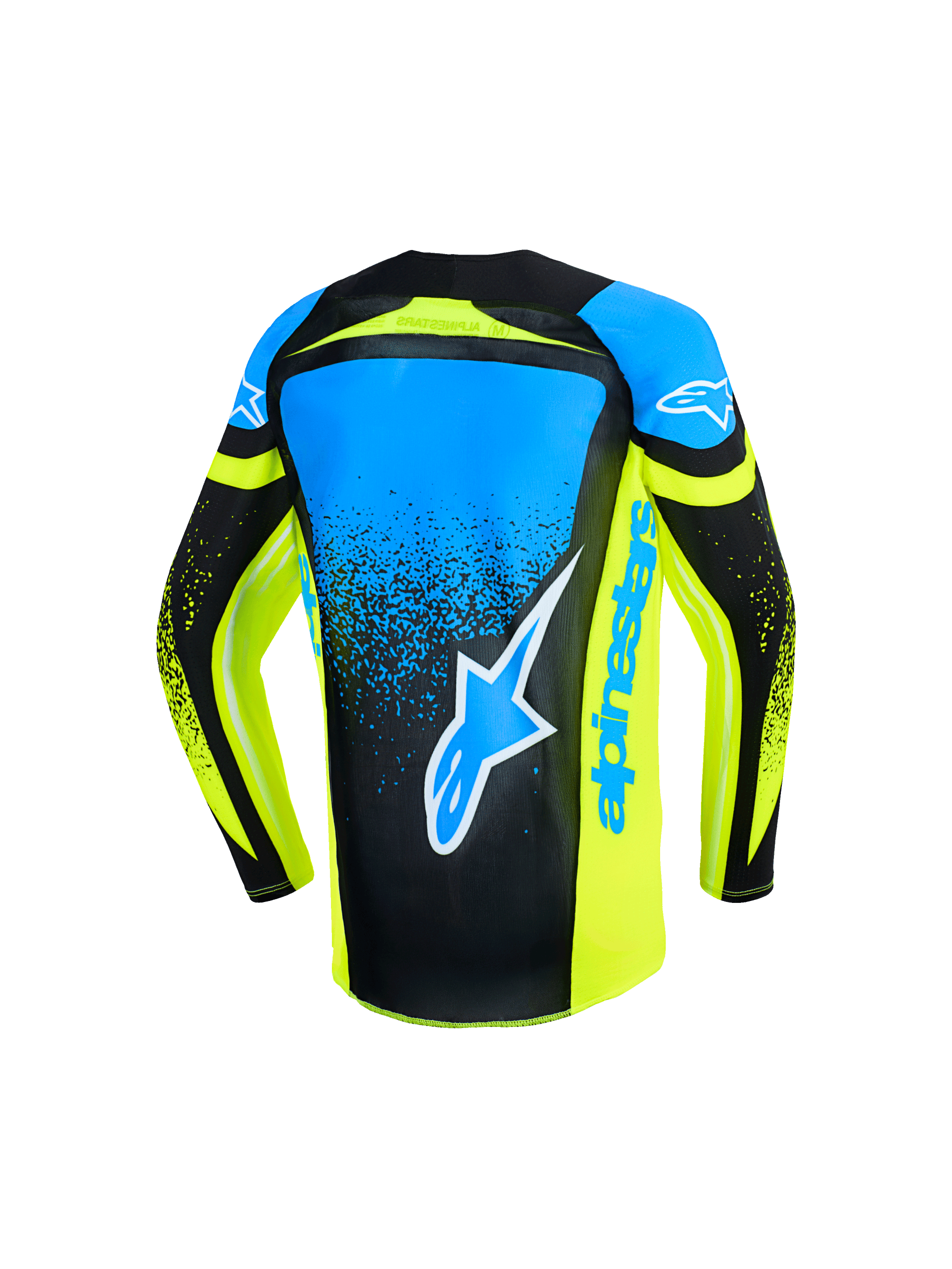 Alpinestars 2026 Youth Supertech Nomur Jersey, jeugd motocross shirt, fluogeel en UCLA blauw met donkerblauw, achteraanzicht met een groot blauw sterlogo en verticale Alpinestars-branding aan de zijkant, technisch stretch-mesh voor motorcrossprestaties voor de jeugd