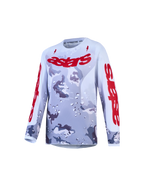 Alpinestars Jeugd Fluid Lone jersey, motorcrossjersey in grijs camo en rood, ademend en vochtafvoerend polyfabric.