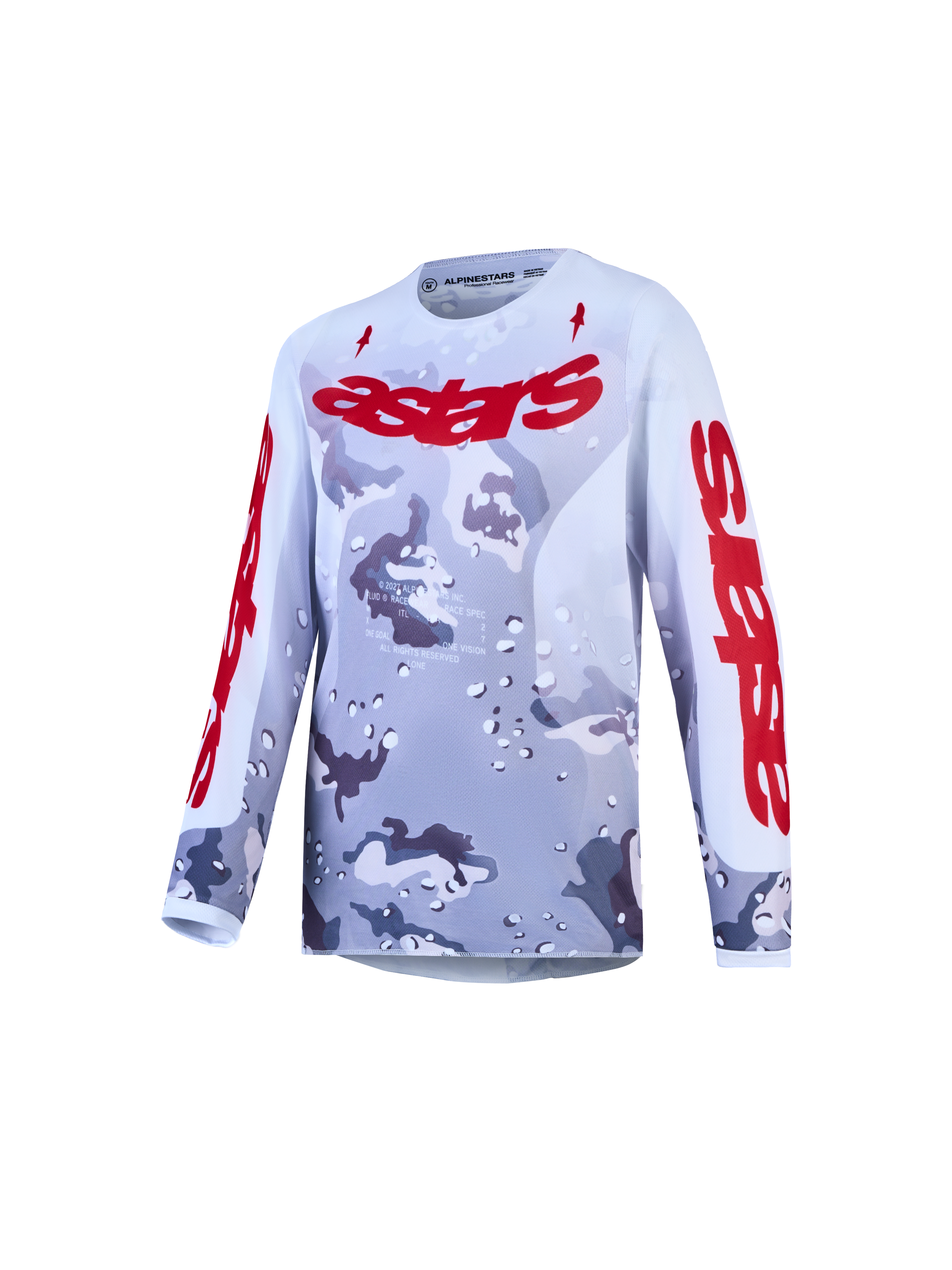 Alpinestars Jeugd Fluid Lone jersey, motorcrossjersey in grijs camo en rood, ademend en vochtafvoerend polyfabric.