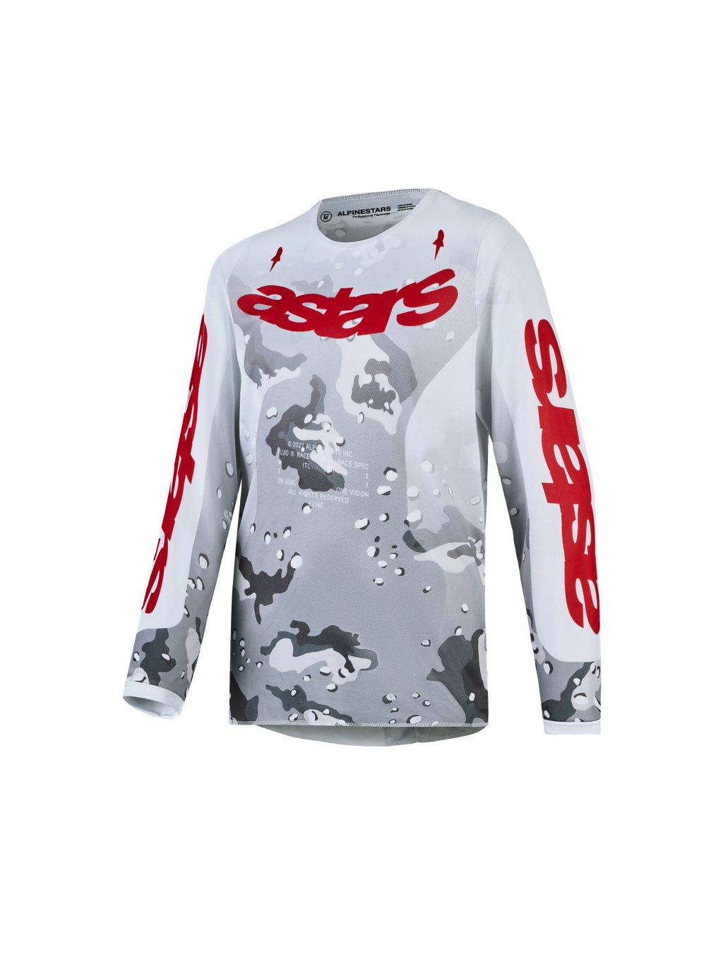 Maillot Alpinestars Fluid Lone Junior, maillot de motocross gris camouflage et rouge, respirant pour jeunes pilotes