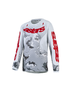 Maillot Alpinestars Fluid Lone Junior, maillot de motocross gris camouflage et rouge, respirant pour jeunes pilotes