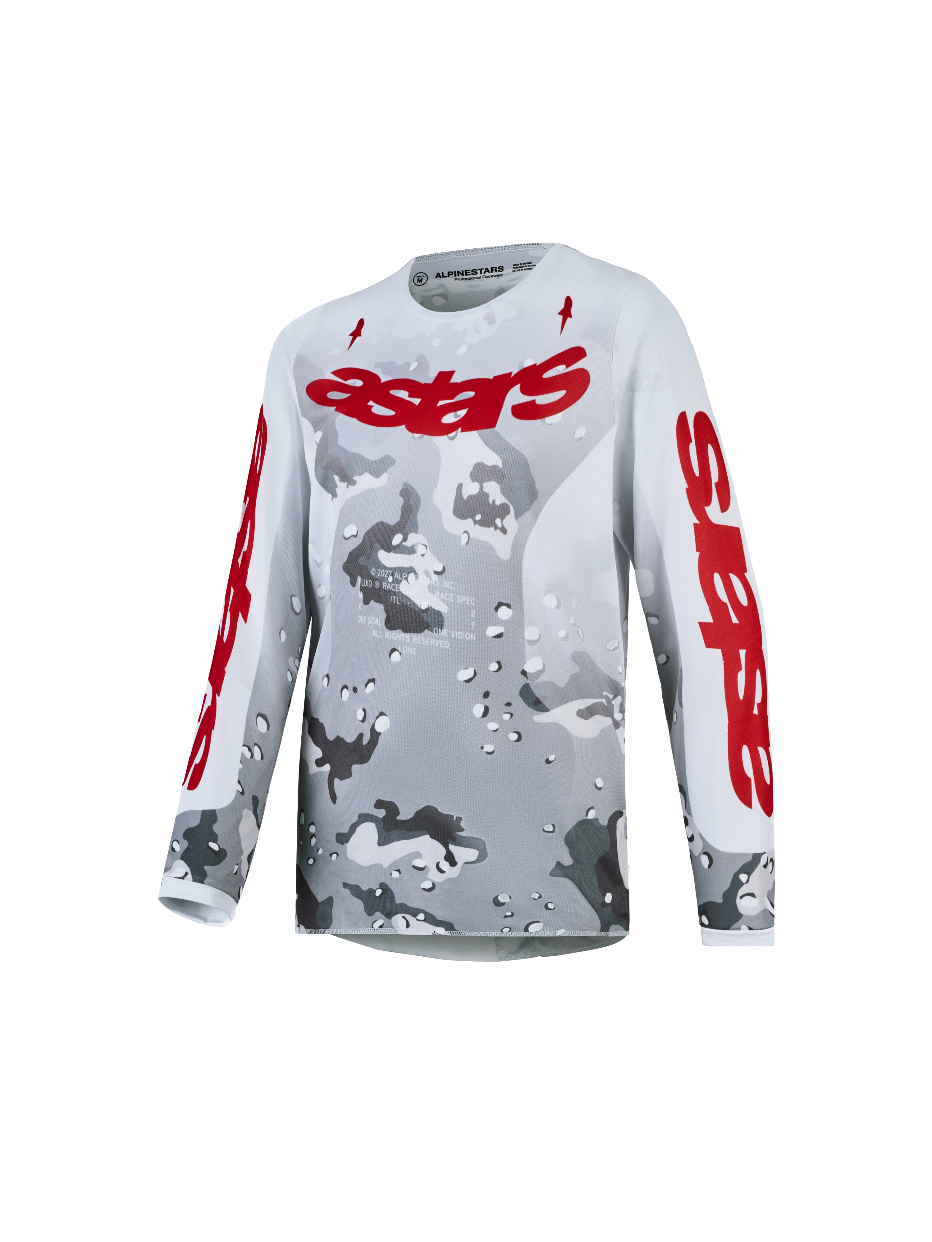 Maillot Alpinestars Fluid Lone Junior, maillot de motocross gris camouflage et rouge, respirant pour jeunes pilotes