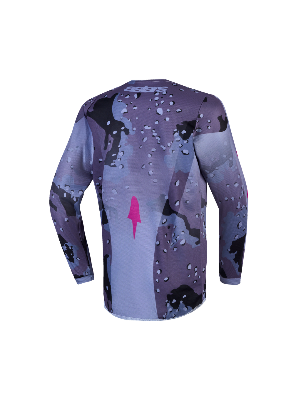 Maillot Fluid Lone Junior Alpinestars, maillot de motocross gris camouflage et violet, vue de dos avec ourlet rallongé.