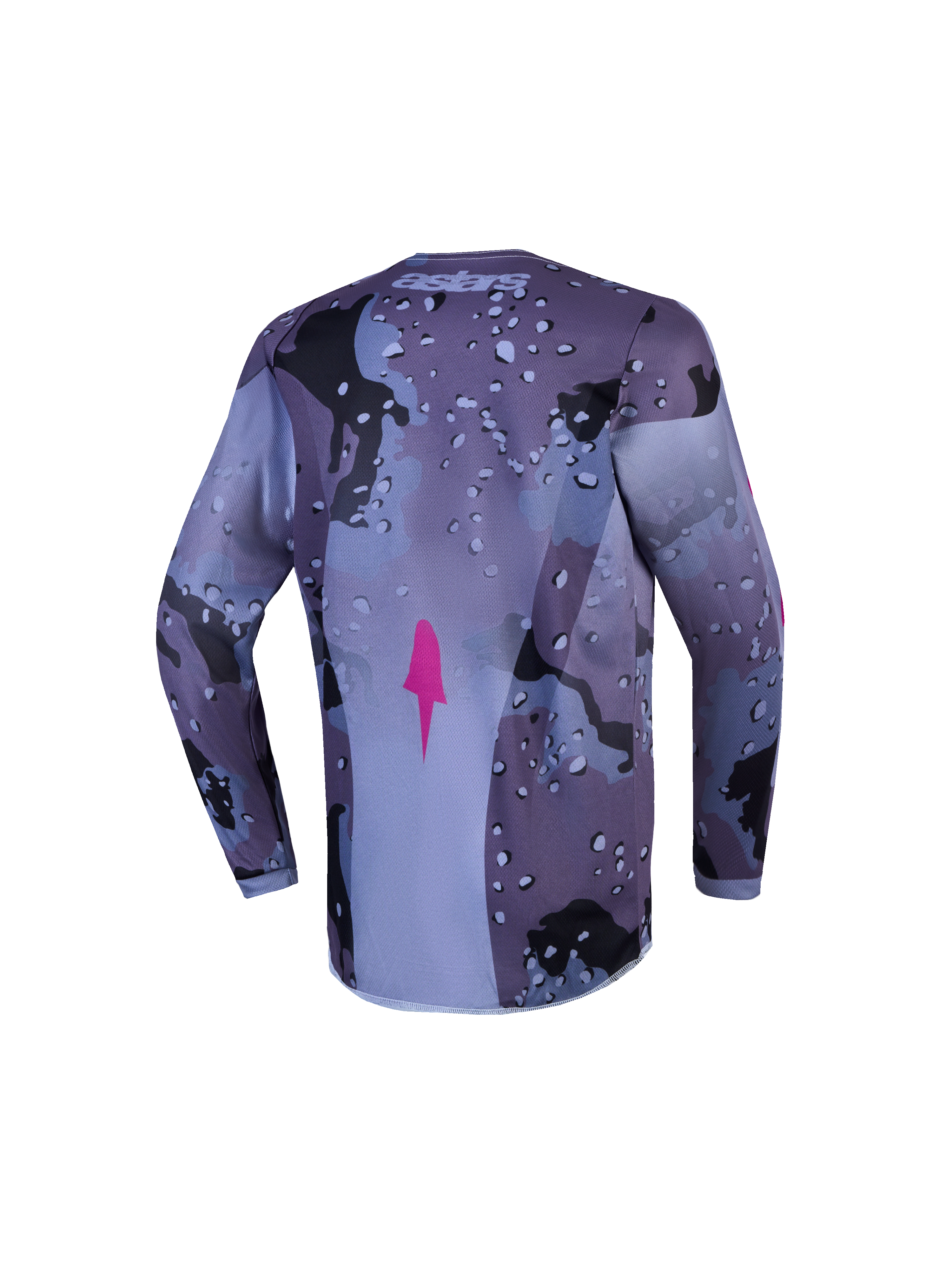 Maillot Fluid Lone Junior Alpinestars, maillot de motocross gris camouflage et violet, vue de dos avec ourlet rallongé.