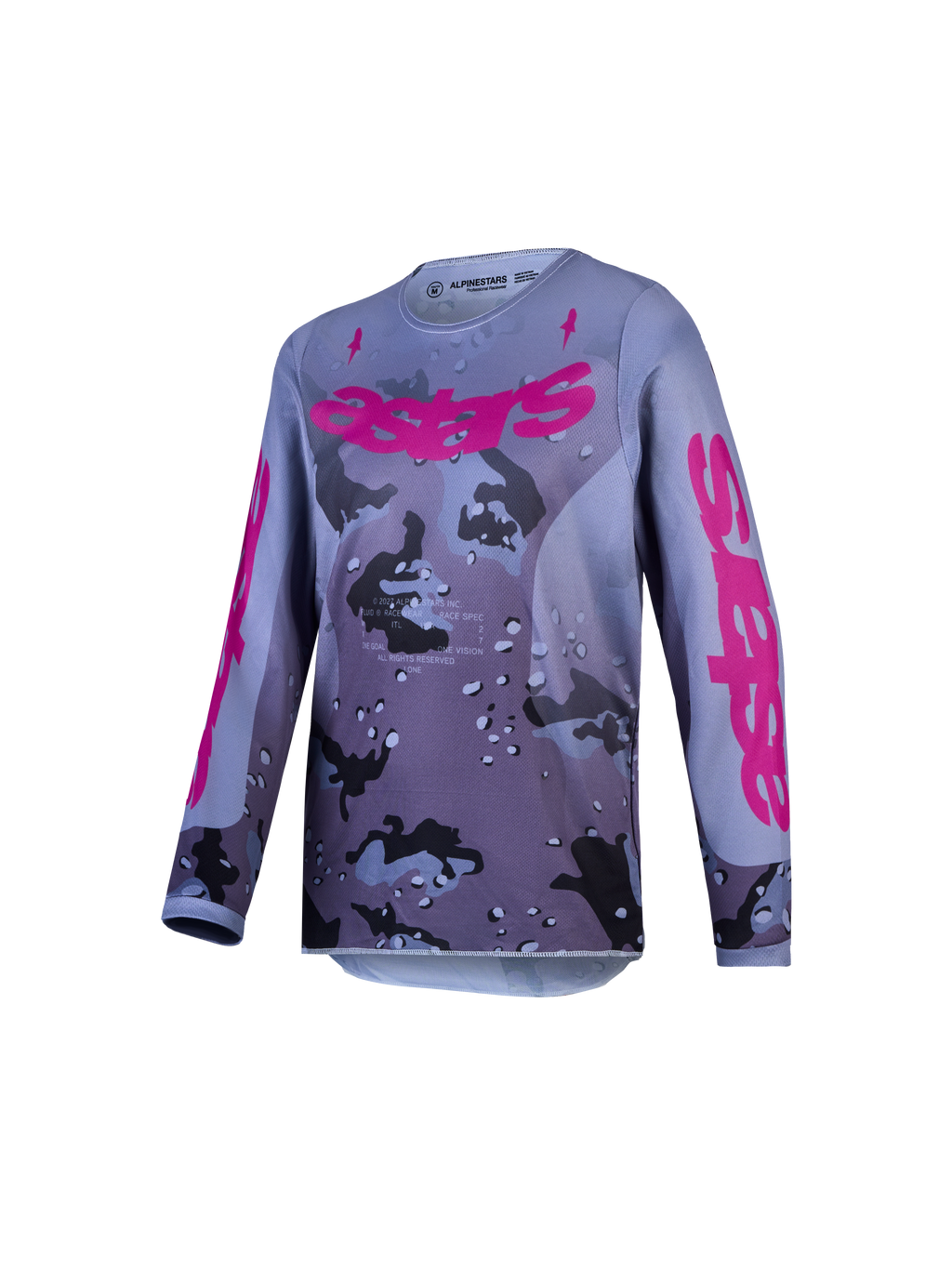 Maillot Fluid Lone Junior Alpinestars, haut de motocross camouflage gris et violet, tissu technique respirant.