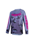 Maillot Fluid Lone Junior Alpinestars, haut de motocross camouflage gris et violet, tissu technique respirant.