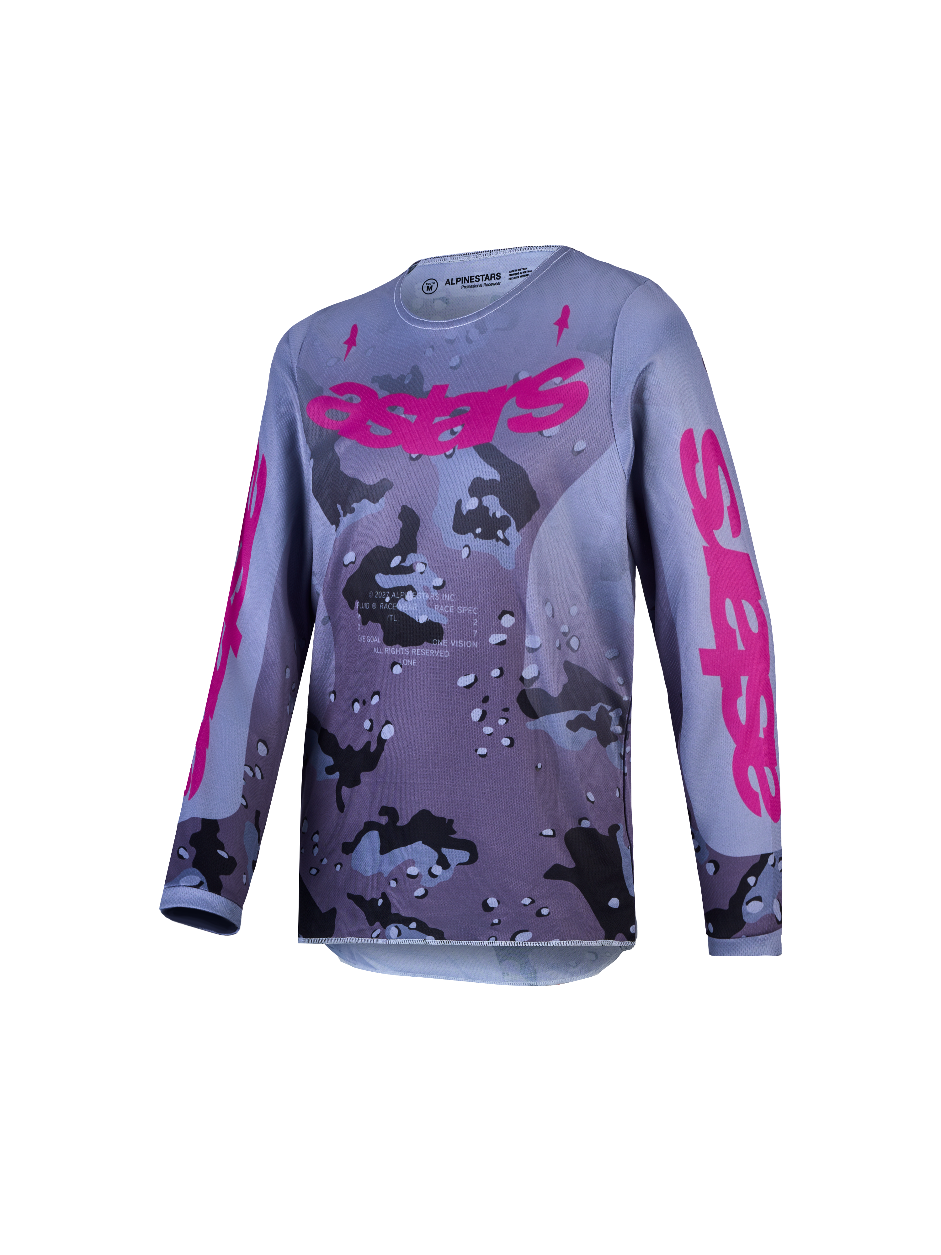 Maillot Fluid Lone Junior Alpinestars, haut de motocross camouflage gris et violet, tissu technique respirant.