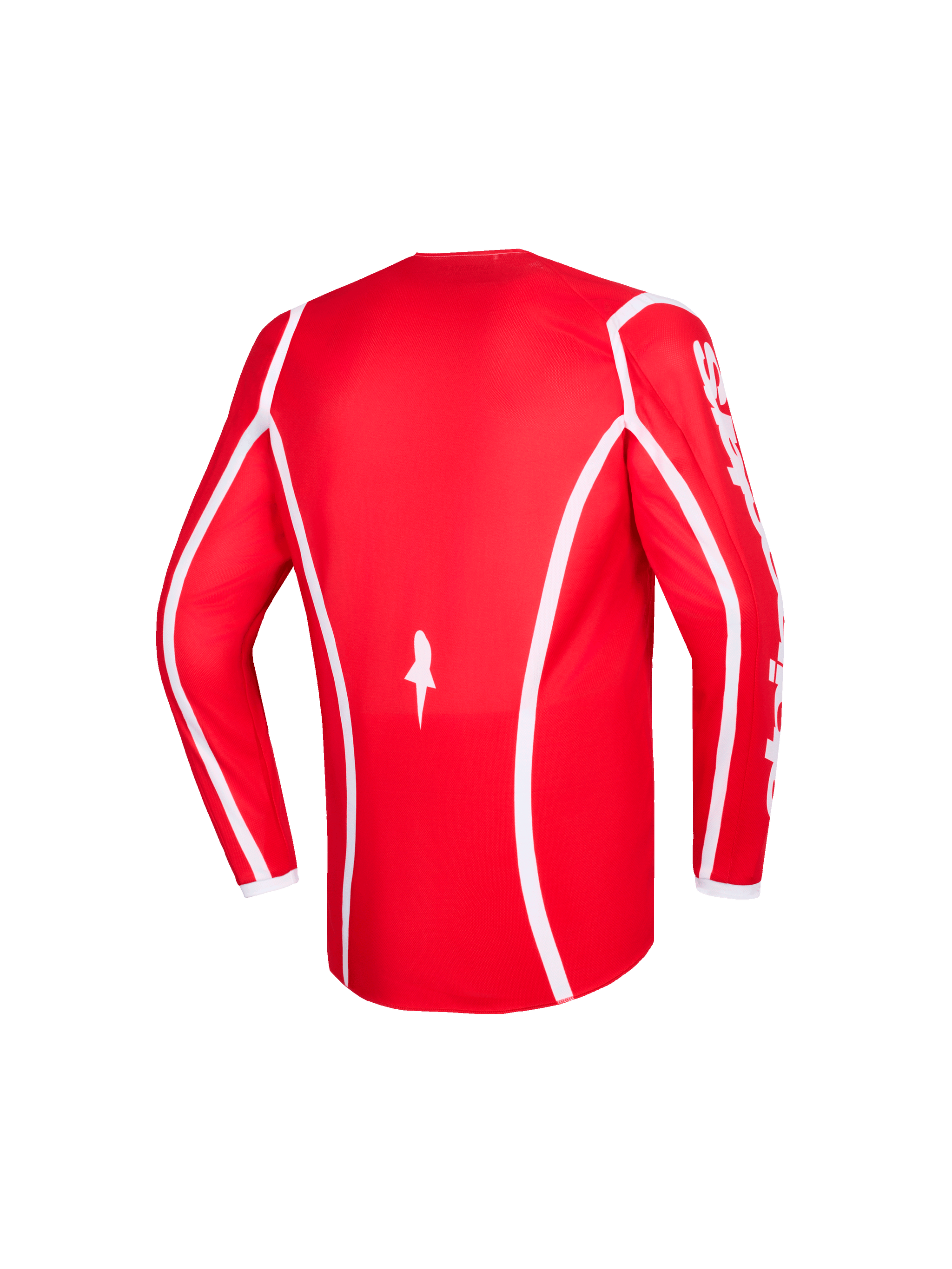 Maillot Alpinestars Youth Fluid Apex 2026, maillot de motocross, rouge et blanc, vue arrière avec liserés blancs incurvés et logo central, construction en poly-tissu haute performance pour la course tout-terrain