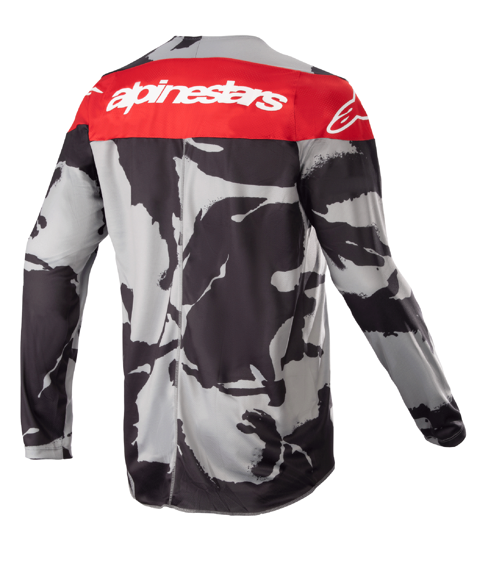 Alpinestars Jugend 2023 Racer Tactical Trikot, Motocross-Trikot, Cast Gray Camo und Mars Red, Rückansicht mit rotem Schulterpanel und weißem Alpinestars-Branding, abstraktes schwarz-graues Camouflage-Muster, leichte feuchtigkeitsableitende Ausrüstung für Offroad-Rennsport