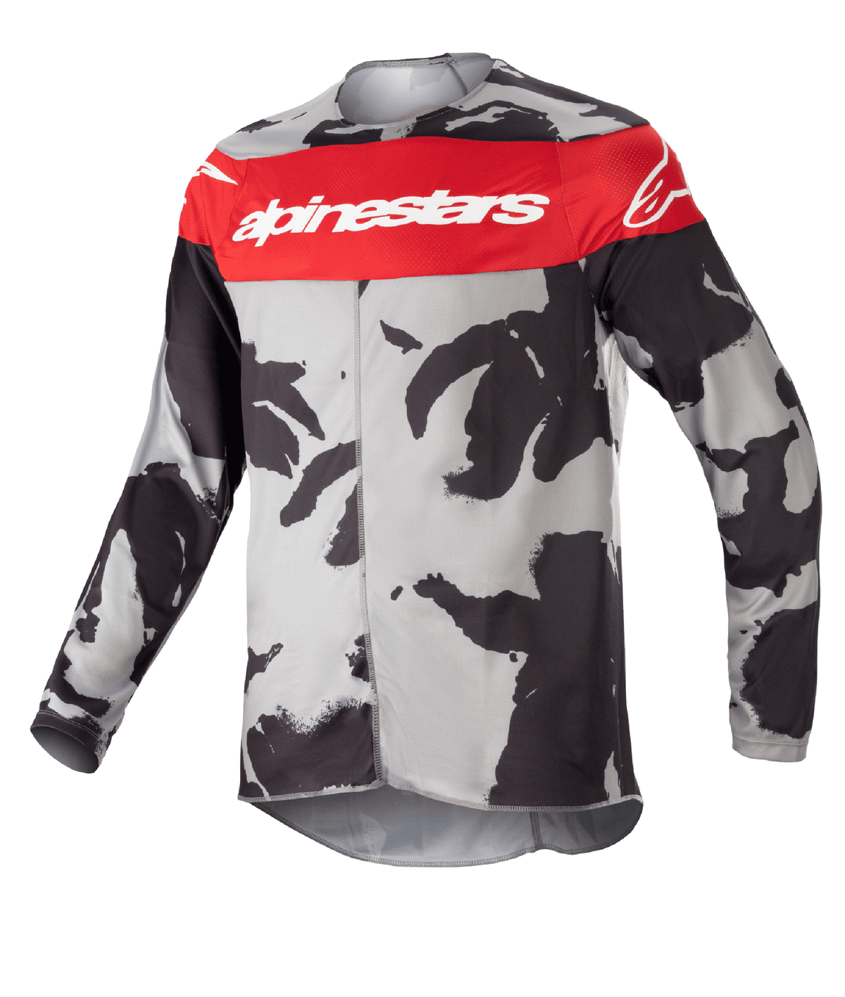 Alpinestars Youth 2023 Racer Tactical Jersey, maillot de motocross, Cast Gray Camo et Mars Red, avec une bande rouge horizontale sur la poitrine et le logo Alpinestars blanc, motif camouflage gris et noir, tissu léger évacuant l'humidité pour la conduite tout-terrain