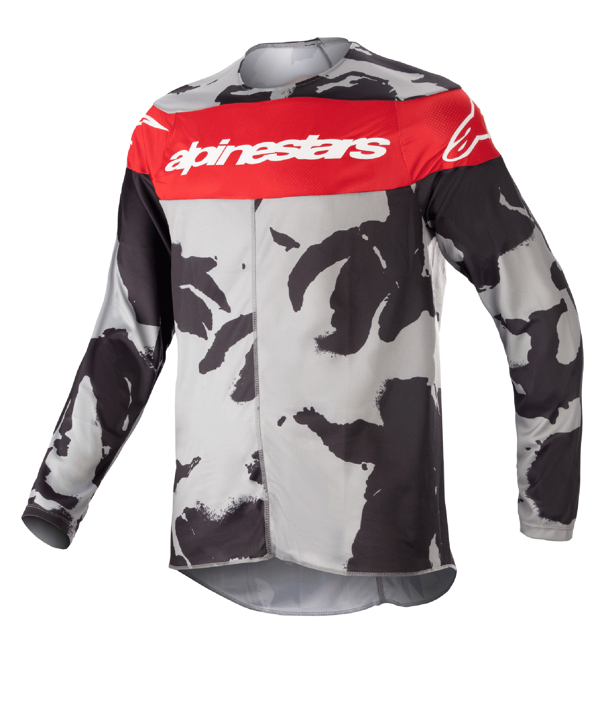 Alpinestars Youth 2023 Racer Tactical Jersey, Motocross-Trikot für Jugendliche, Cast Gray Camo und Mars Red, mit horizontalem roten Brustband und weißem Alpinestars-Logo, grau-schwarzes Tarnmuster, leichtes feuchtigkeitsableitendes Material für Offroad-Fahrten