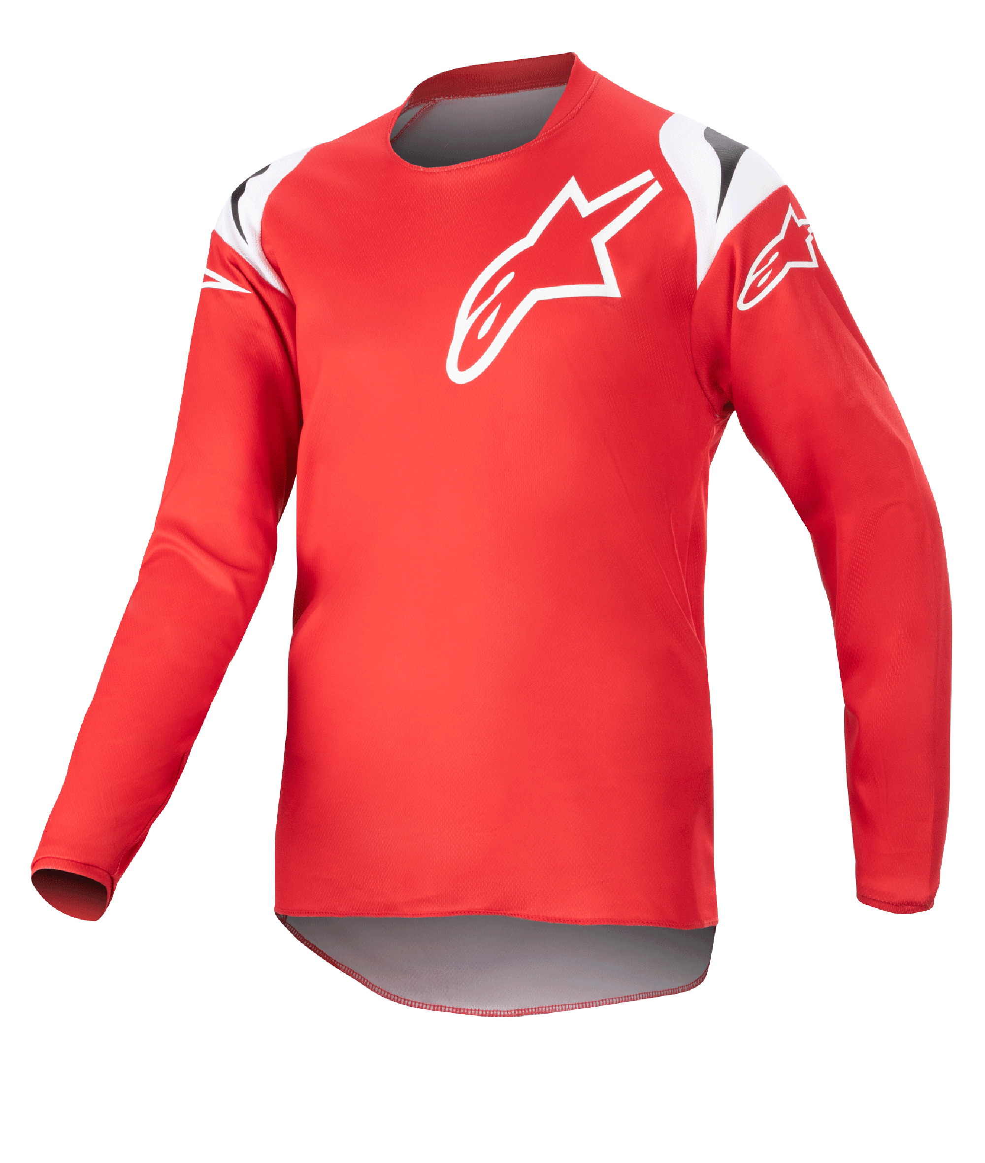 Alpinestars Youth 2023 Racer Narin Jersey, Motocross Jersey, Mars Red and White, featuring a large white star logo on the chest and shoulder accents, lightweight long-sleeve performance fabric for off-road racing