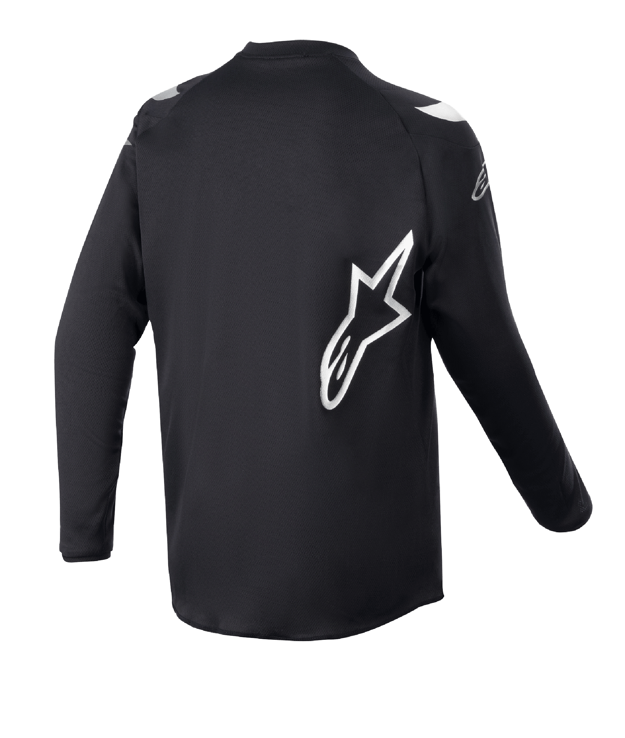 Alpinestars Jugend 2023 Racer Graphite Trikot, Motocross-Trikot, Schwarz Reflektierend, Rückansicht mit großem weißem Alpinestars Stern-Logo, technisches feuchtigkeitsableitendes Material, lange Ärmel, strapazierfähige Offroad-Bekleidung