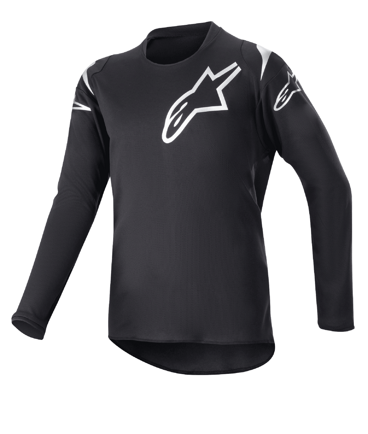 Alpinestars Youth 2023 Racer Graphite Jersey, maillot de motocross, noir et noir réfléchissant, logos étoiles blancs sur la poitrine et les épaules, manches longues, tissu léger évacuant l'humidité avec pan arrière plus long, design sportif pour le pilotage tout-terrain