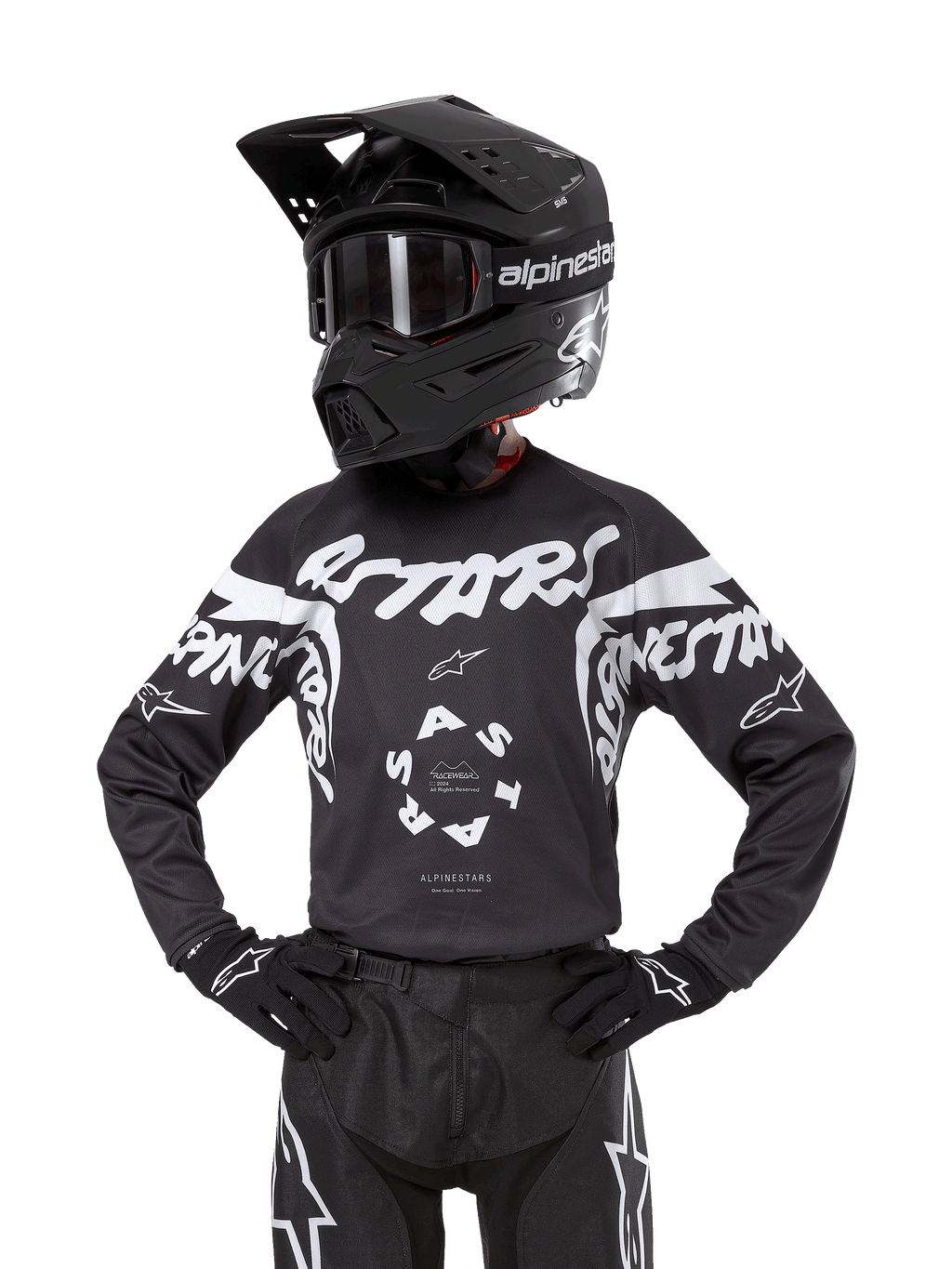 Alpinestars Youth 2024 Racer Hana Jersey, maillot de motocross pour enfant, noir et blanc, design graphique avec logos, porté avec un casque et des gants assortis, équipement de protection tout-terrain